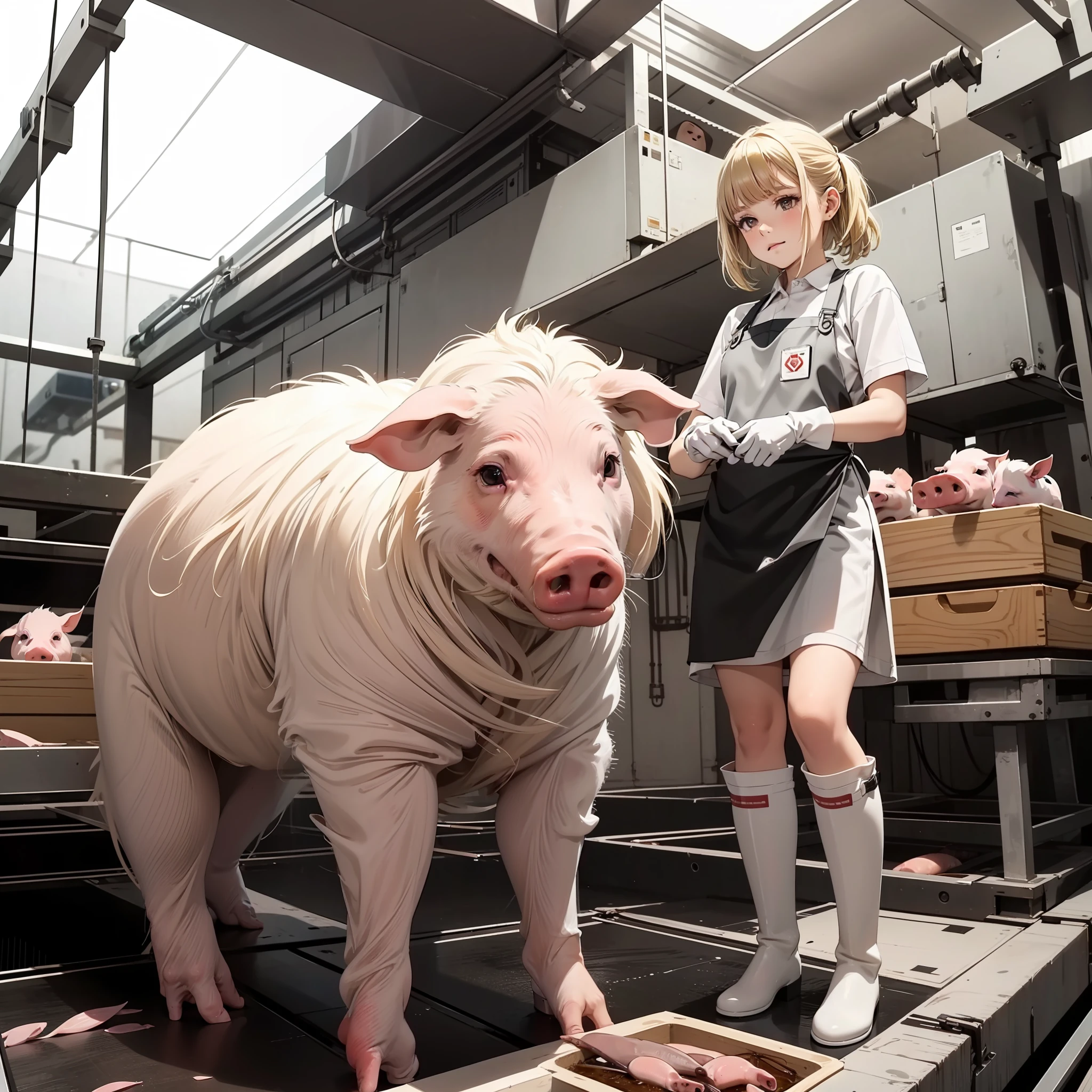 Large-scale slaughterhouse,Pigs dissecting,Beautiful blonde female worker, Shoulder-length rubber gloves, Rubber Apron, White knee-length rubber boots,Stand and look down, Small dissecting knife,Condescending pigs,Drawing from below,Stand and look down, Full body view from below,