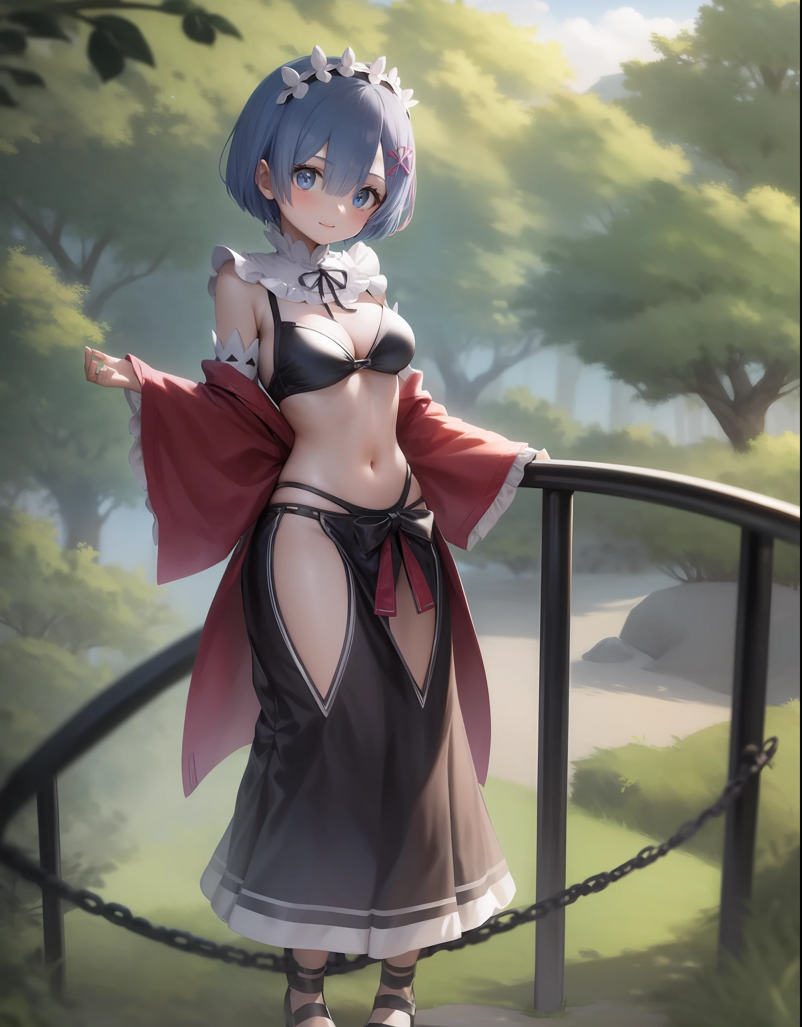 1girll，Rem Rezero，The upper part of the body，short blue haired woman，small curvaceous ，seductive anime girls，Loliai，looking at viewert，tmasterpiece，Best quality at best，style of anime，Popular on Pixiv，Rei Ayanami, Best Rated on pixiv, ayanami，Bikini swimwear，Mare