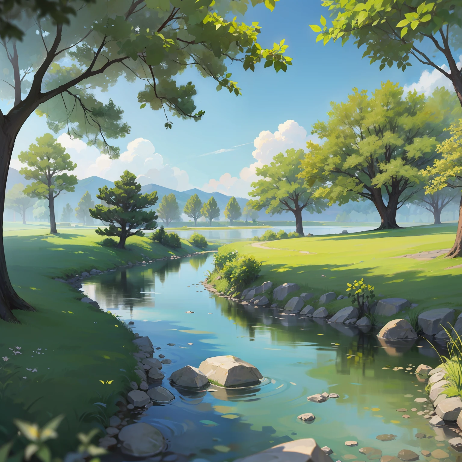 Small stones and pebbles are visible in the clear stream.、Willow trees lined up on both sides of the clear stream.。In the daytime, the water reflects fantastic beauty。Landscape on a hot summer day。