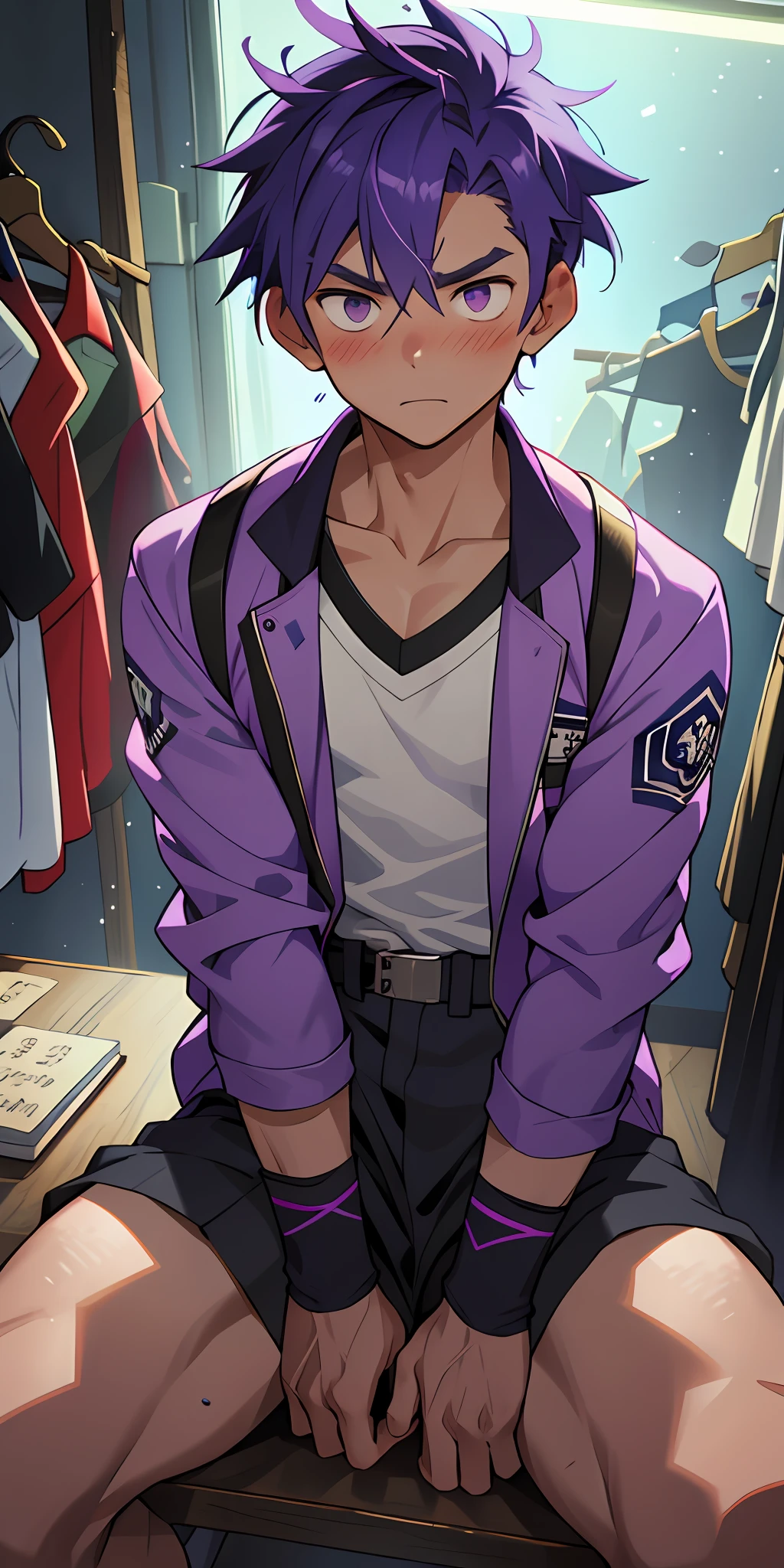 (masterpiece, best quality), 1boy, younge boy,Shyness blush,musculous, short blue-purple hair, Dark gray eyes, 复杂, (dress room), full bodyesbian, White baseball uniform, Open light purple jacket, Pectoralis abdominal muscles,vivd colour,(depth of fields:1.2),(abs),Be red in the face,looking at viewert,A piano,spread their legs,neonlight,Colorful light effects,Fluorescent effects