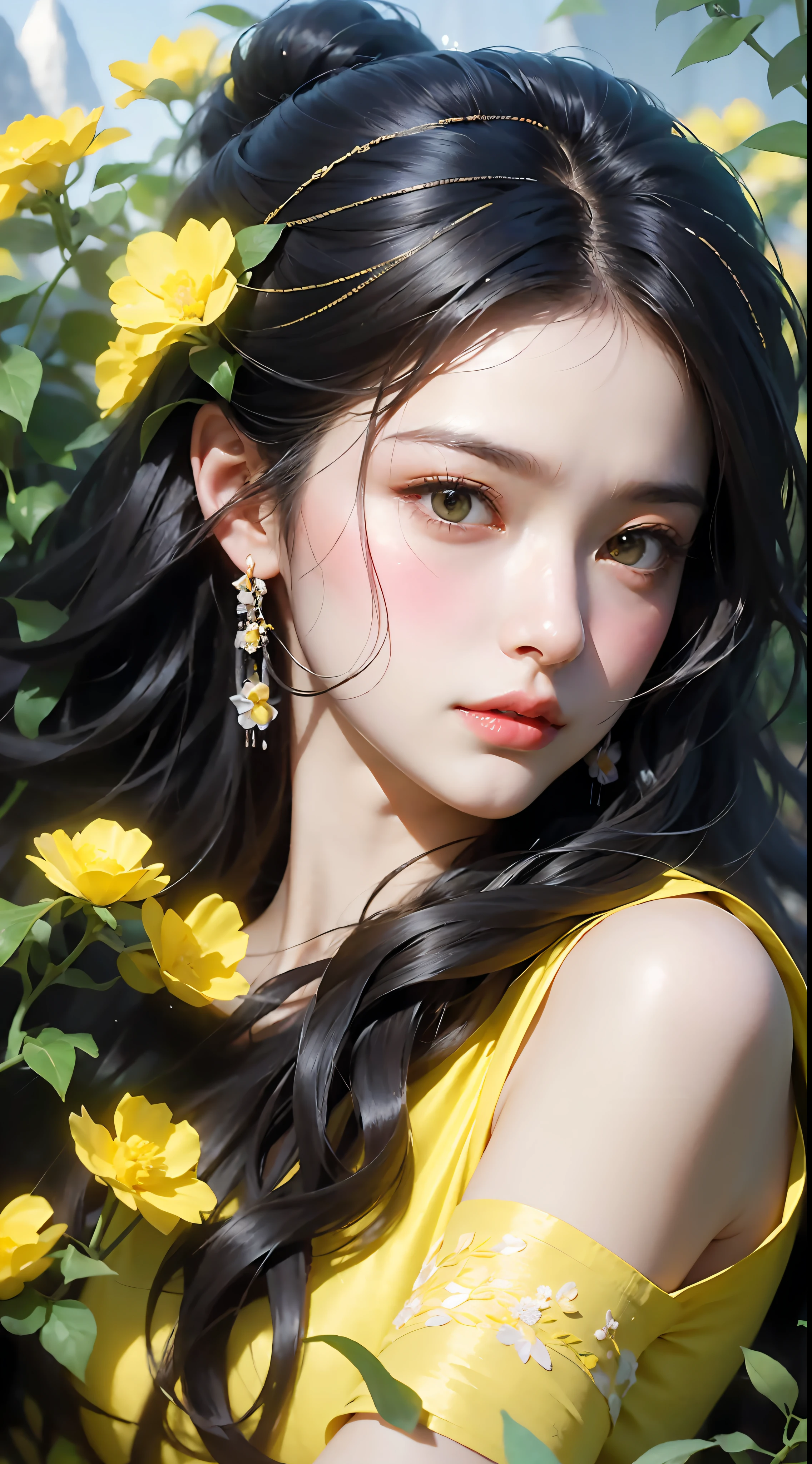 1 girl, upper body portrait close-up, black hair, flowing hair, hazy beauty, extremely beautiful facial features, yellow embroidered dress, hairpins on the head, lying in a bush, purple flowers, (spring, rainy days, terraces, mountains), simple vector art, contemporary Chinese art, soft light, layered form, overlook