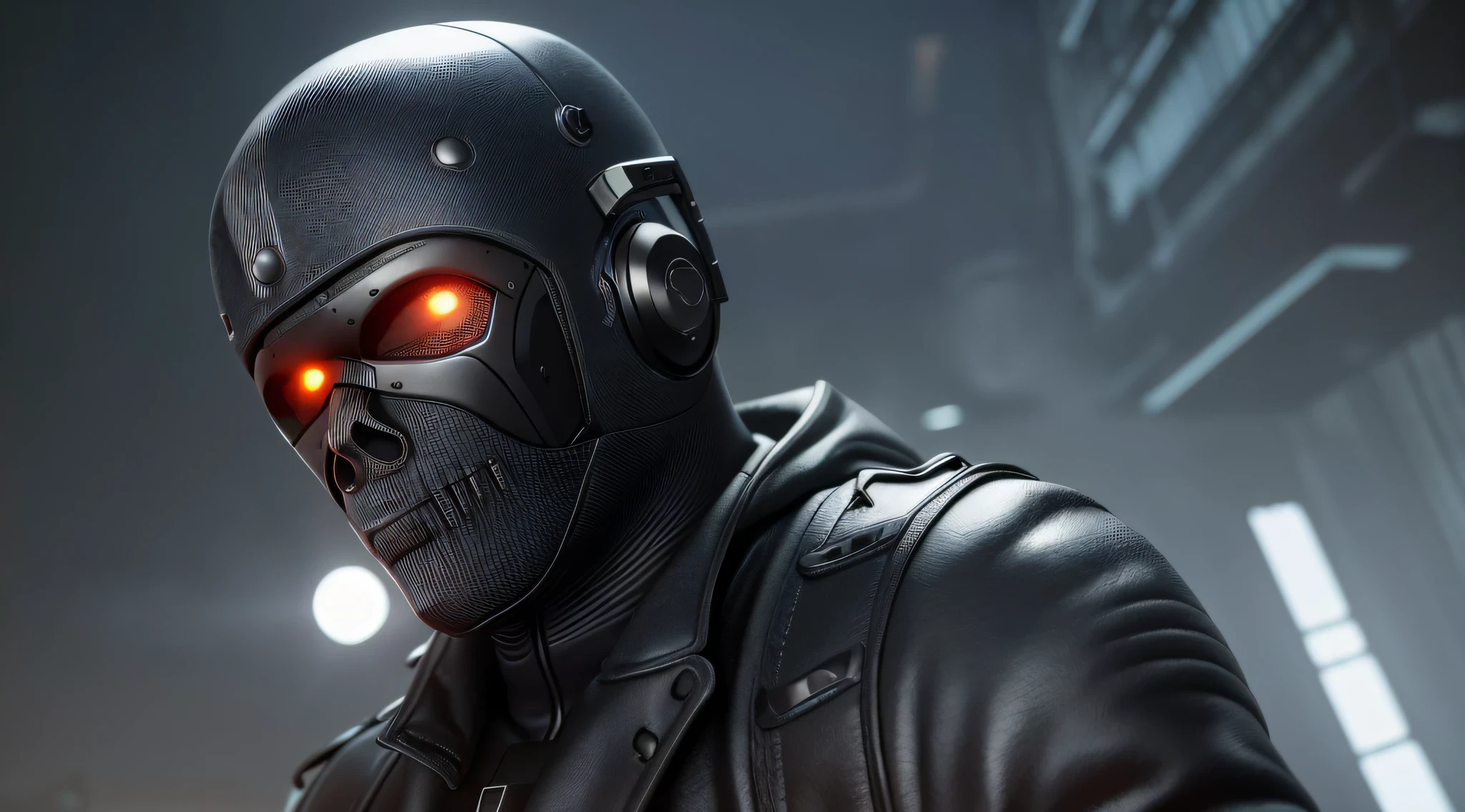 Uma bela jovem vestindo trench coat preto, half human half robot face, separation of face segments, cabelo longo, ciborgue, (anatomic), coberto de feridas, ruins of the city, escuro, sangrento, Atmospheric Illumination, Detail Shot, ultra alta qualidade, obra-prima, 8K, Unreal Engine 5, Sci-fi, (H. R. Giger estilo:1.2), com fone de ouvido, fundo cidade neon