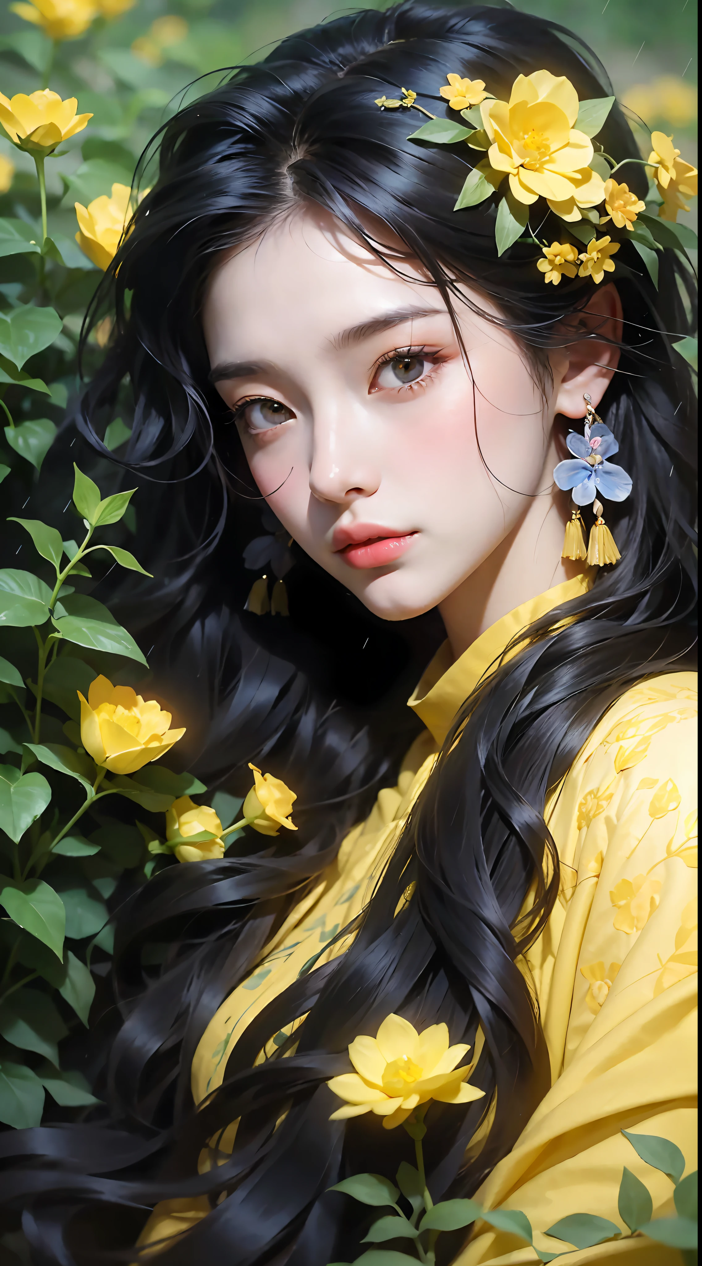 1 girl, upper body portrait close-up, black hair, flowing hair, hazy beauty, extremely beautiful facial features, yellow embroidered dress, hairpins on the head, lying in a bush, purple flowers, (spring, rainy days, terraces, mountains), simple vector art, contemporary Chinese art, soft light, layered form, overlook