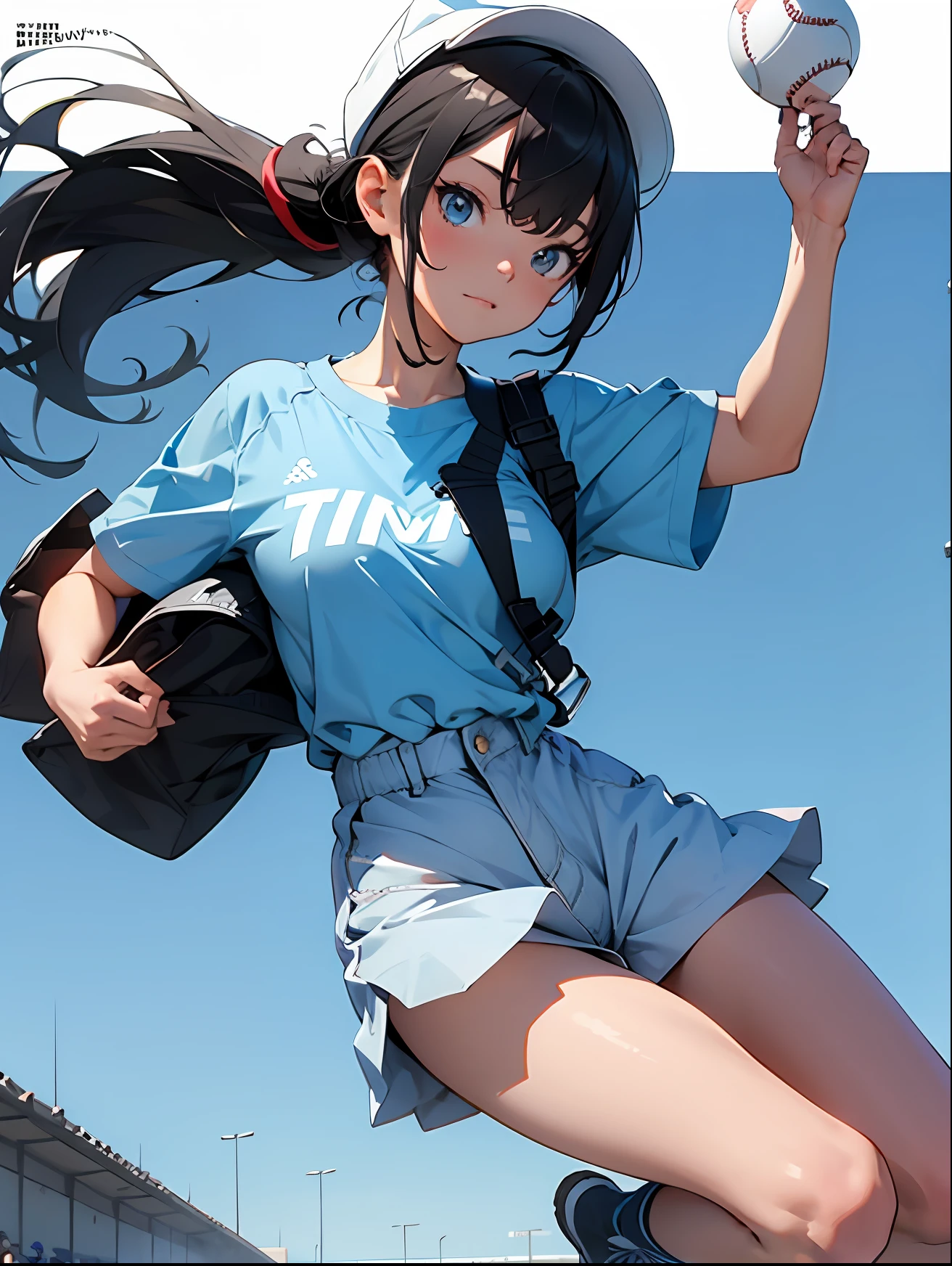 Sweet athletic style，schoolgirls，cabelos preto e longos，Rich expressions，Sky blue loose knit top，White cap，Sky blue high-waisted shorts，Sky blue Martin boots，Holding a wooden baseball bat, pretty face with arms and legs, grassy fields，movie footage，（Magazine cover 1.5），Sporty, tmasterpiece，Masterpiece，8K，