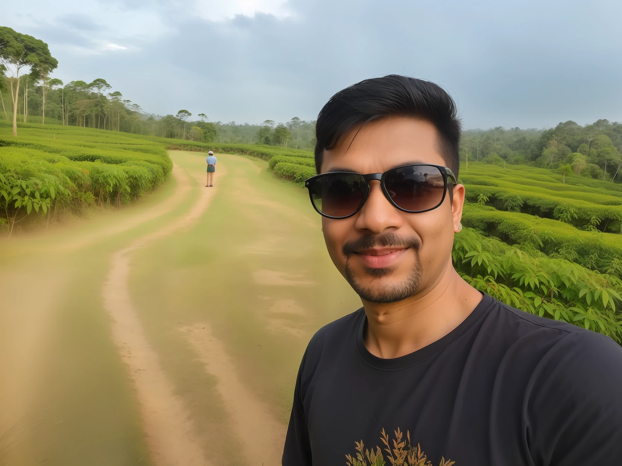 there is a man that is standing in the grass with sunglasses, assam tea village background, in front of a forest background, assam tea garden background, background: assam tea garden, amidst nature, assamese aesthetic, assam tea garden setting, jungles in the background, very accurate photo, selfie photo, in jungle, during sunset, in a open green field