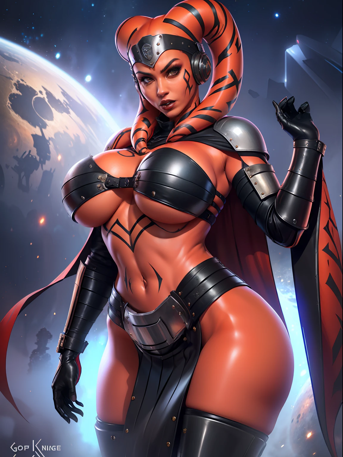 armor, busty, gigantic boobs, ((red skin), twi'lek), evil space knight, space ninja, (wearing black leather stealth armor, breastplate, gorget, thigh high boots, long gloves, cape), ((busty), slender body, thin, slim sexy body, slim waist, long legs, toned legs, (((gigantic breasts)))), Imperial starship, Star Wars,