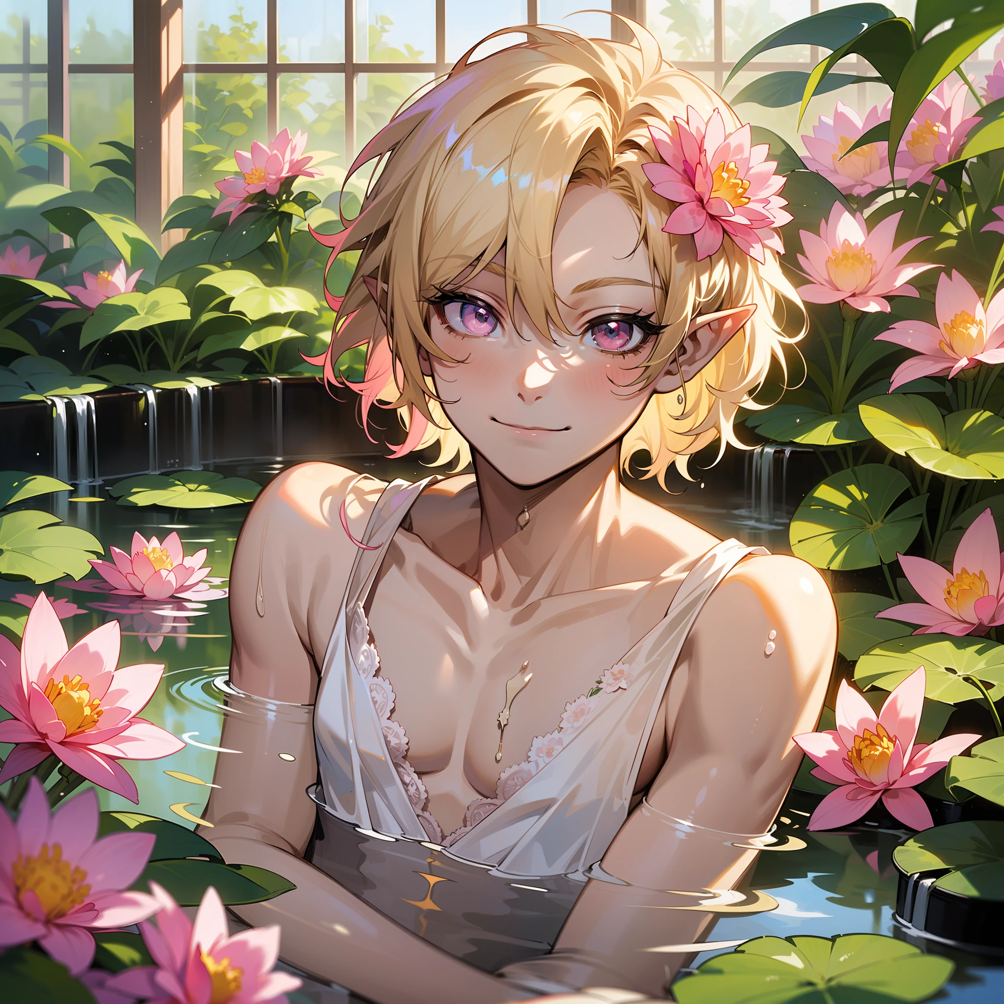 young man, twink, (((male))), (((man))), (((one person))), single, solo, (((very light blonde hair))), (((pink colored eyes))), (medium short hair), (chin-length hair), wavy hair, slim body, ((flat chest)), ((fantasy style)), (((wearing flowers in his hair))), flowercrown, ((pointy ears)), (((light pink colored eyes))), smooth skin, (((taking a bath in a pond))), ((bathing)), fancy greenhouse background, (sunlight falling in through big detailed windows), room is decorated with flowers in bottles, flowers in vases, flowers in pots, hanging plants, (((wearing a transparent top))), ((bare shoulders)), (white lace on clothes), (loose top), (low cut top), smiling, tropical flowers