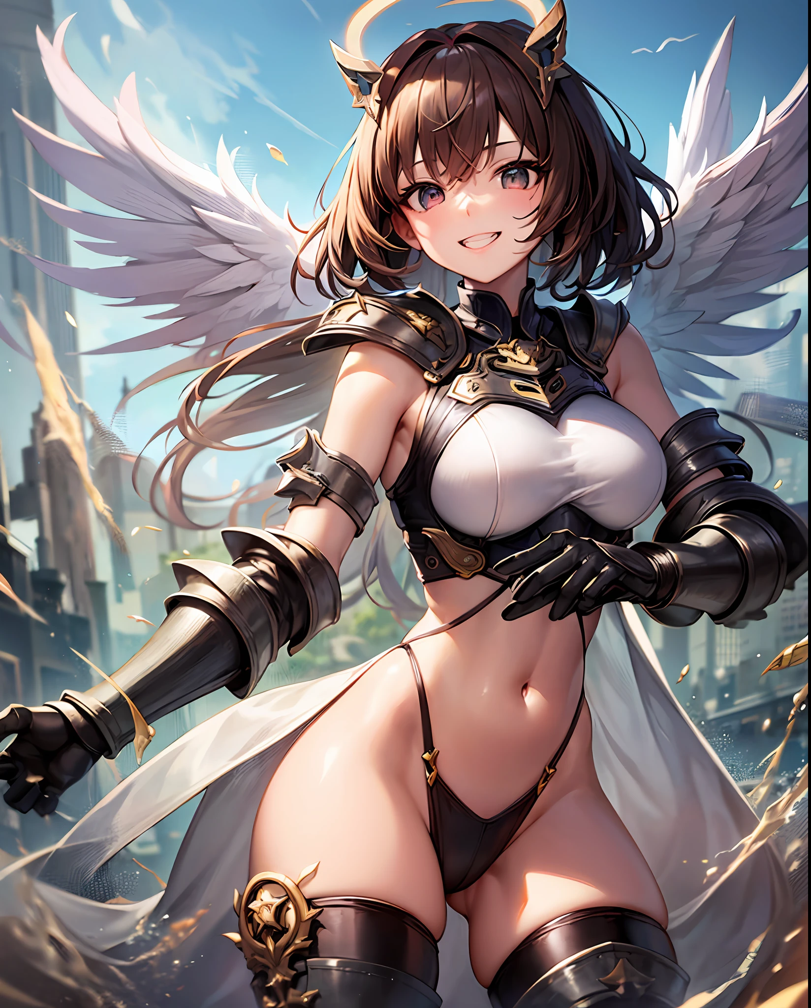 fantasy, 1angel_girl, loli,bwn_hair, medium_bob_hair, long_bangs, halo,bare_shoulder,thighhighs,silver_armor, waist_armor, large_breasts,grinning,teeth, 1pair_wings, dynamic_pose_fighting,floating, bare_crotch, headgear,gauntlet, greaves,city_sky_background,slightly_spread_legs, solo, groin_naked