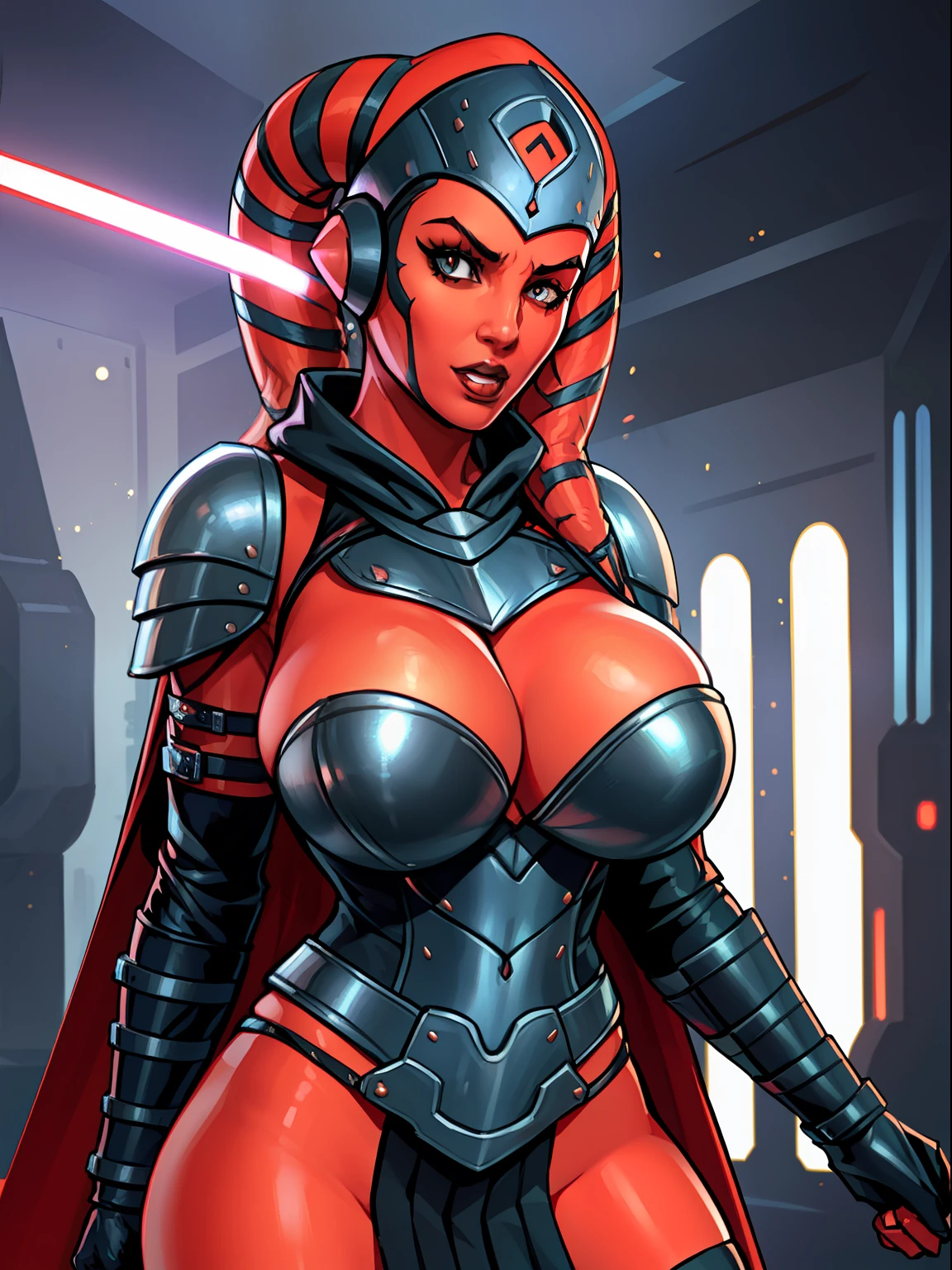 armor, busty, ((red skin), twi'lek), dual red lightsabers, evil space knight, space ninja, (wearing black robes, black stealth armor, breastplate, tunic, tabard, cowl, cloak, body glove, straps, buckles, skirts, long sleeves, fantasy, ((armor))), ((busty), slender body, thin, slim sexy body, slim waist, ((gigantic breasts))), Imperial starship, Star Wars,