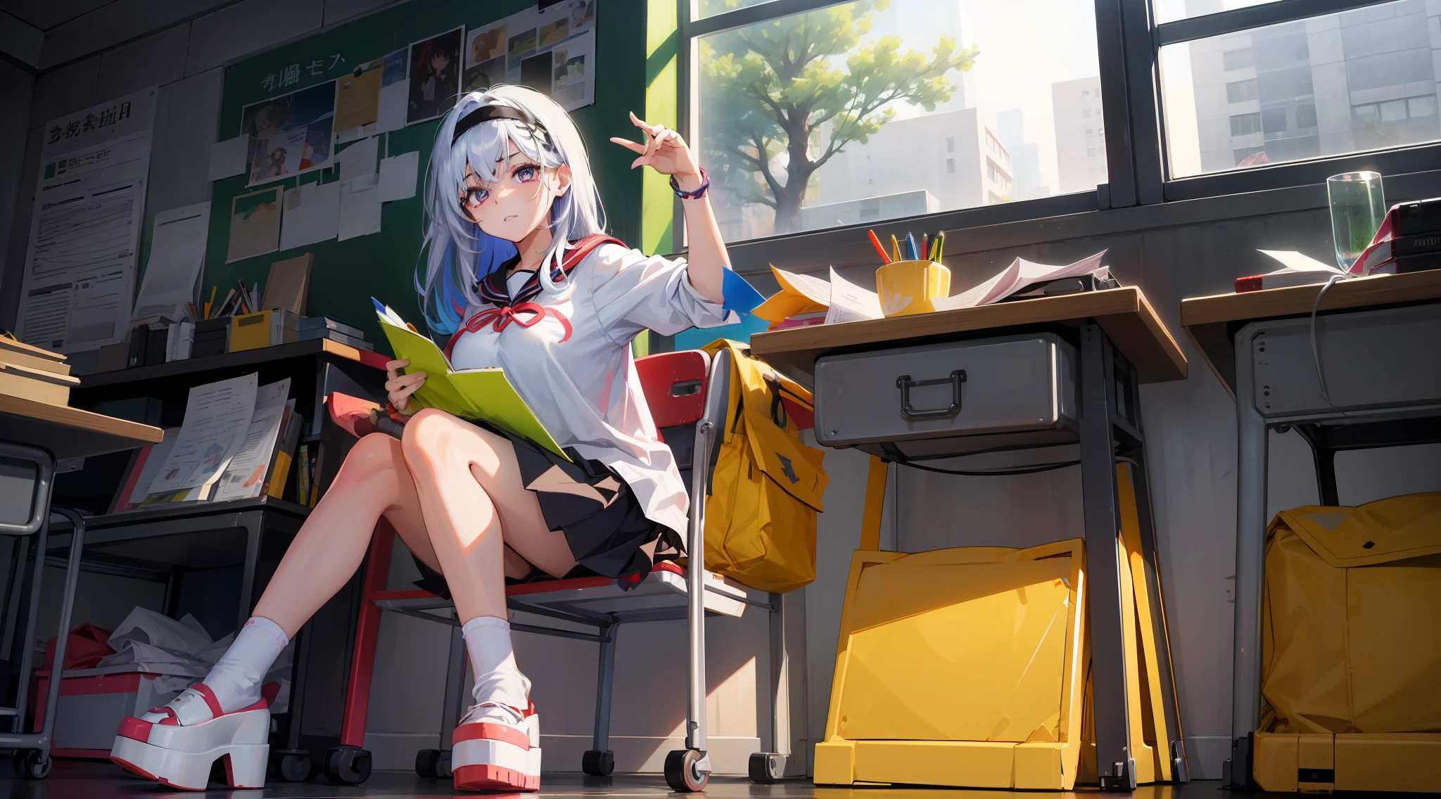 There is a bad girl sitting in the classroom、Colored paint on the face、The color hair、Slender figure、Pale skin、Bright and sharp eyes、High nose、Tattered light jacket、baggy pants、Rock band T-shirt、Costume of rebel symbols、Platform white shoes、silver trinkets、Face with star makeup、A playful expression、Delicate face、(Extreme Detail CG Unity 8K Wallpapers,tmasterpiece,Highest image quality),(Delicate light and shadow,The picture is highly dramatic,Cinematic lens effect)、Youthful bright colors、Fashionab、Wrist watch、hair pin、Hair rope、Headbands、Bracelet、Anklets、over knee socks、Leg socks、耳Nipple Ring、Falling debris、with beautiful colors、youthfulenergy、adolable、quadratic element、Brush stroke、中景 the scene is、Full body like、Scattered school supplies、Loose paper、anime big breast、quadratic element、adolable、Long rainbow-colored hair、Colorful hairstyle