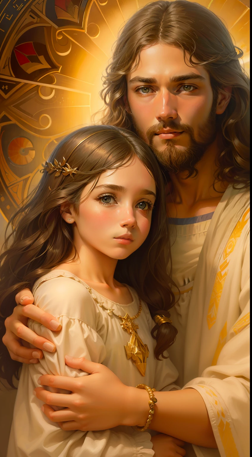 Jesus Cristo com jovem menina loira, Christian art, de alta qualidade, altamente detalhado, (corpos celestiais sensuais), pintura, no estilo de Greg Olsen