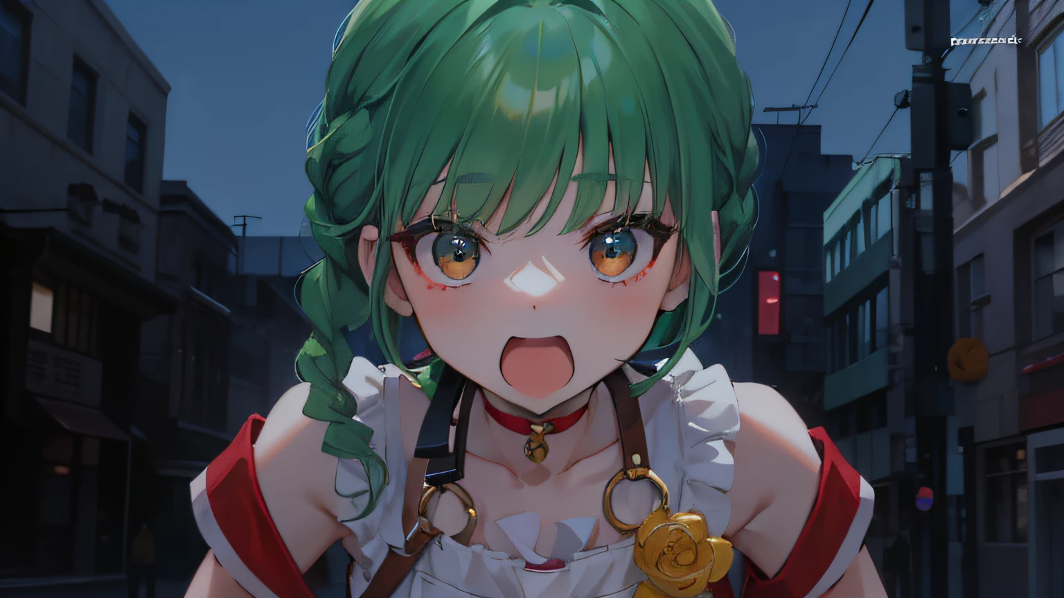 She is a petite young girl with medium length green hair with braids on the right side. She usually carries a whip.as for clothes, she wears a white cut-and-sew and a red vest, and a red choker around her neck. Her lower body has a denim skirt with a cream apron. Her legs are wearing white ankle socks and brown loafers.