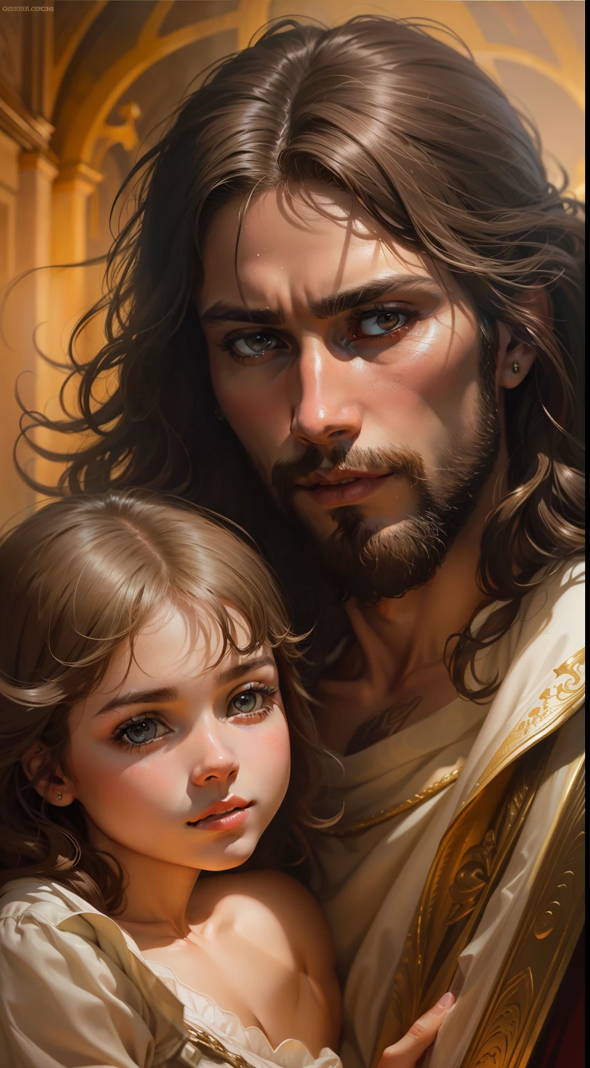 Jesus Cristo guerreiro com jovem loira, Christian art, de alta qualidade, altamente detalhado, (corpos celestiais sensuais), pintura, no estilo de Boris Vallejo.