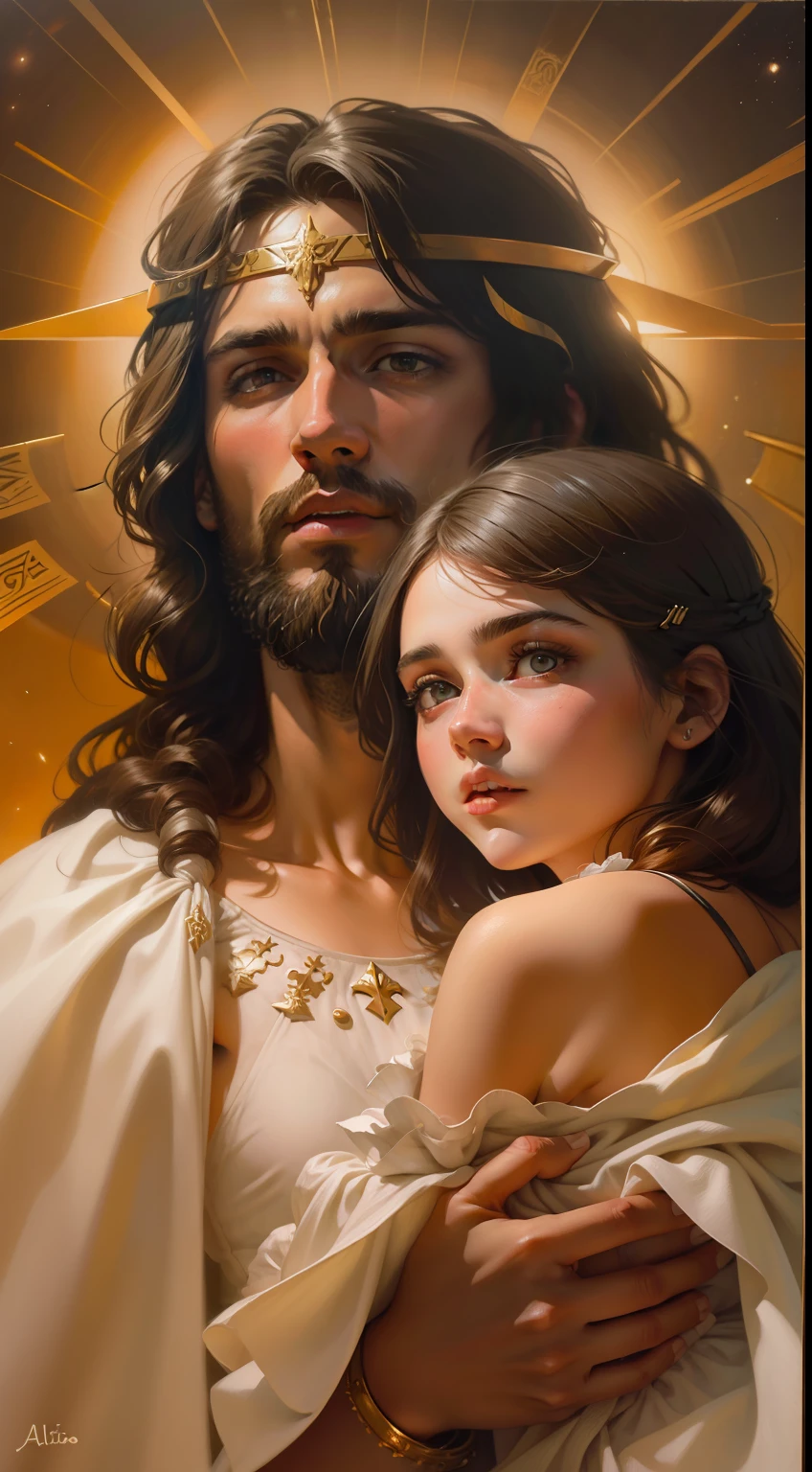 Jesus Cristo guerreiro com jovem ****** loira, Christian art, de alta qualidade, altamente detalhado, (corpos celestiais sensuais), pintura, no estilo de Boris Vallejo.