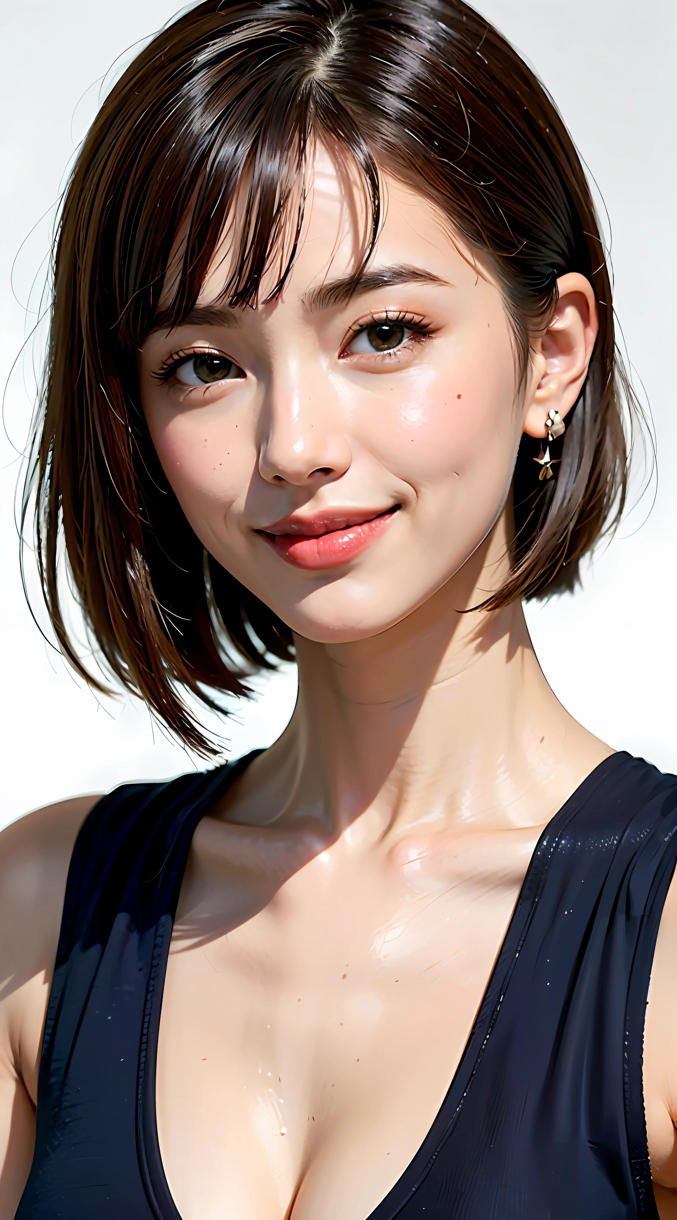 ((​masterpiece、22year old、1 beautiful girl、Detailed eye、short hair with bangs,、shorth hair、neck long、Put your ears out))、big eye、Distinct double eyelids、((top-quality, 超A high resolution、stares at the camera、Light brown eyes、Clean collarbone、glowy skin、Straighten your back、The face of the golden ratio、a small face)), (Realisticity: 1.4), OriginalPhotographs, 1girl in,cinematlic lighting、japanes、Asian Beauty、Korea person、Super beauty、Realistic skin type、(((clean very large breasts、A slender、The body is facing the front of the camera、lipgloss、Highlights in the eyes、thin lips、smiling slightly、Closing mouth and smiling happily)))、(A hyper-realistic)、(hight resolution)、(8K picture quality)、(ighly detailed)、(Best Illustration)、(beautifully detailed eyes)、(ultra-detailliert)、A detailed face、looking at viewert、Facing straight ahead、neat and clean clothes、sleeve less、short-hair、black hair with  bangs、46-point diagonal bangs、Shorthair、((Background is really nothing but pure white background、Immaculate white background with nothing really))、((neat atmosphere、Neat and clean woman))