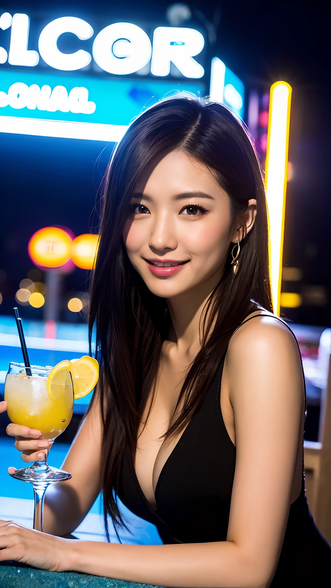 A Japanese Lady、Idol、30-years old、masterpiece、Realistic portrait、Night Pool、Okinawa、夏天、8K、Commemorative photo、sightseeing、A smile、Plump、sideways Facing、neon signs、bobhair、cocktail glass
