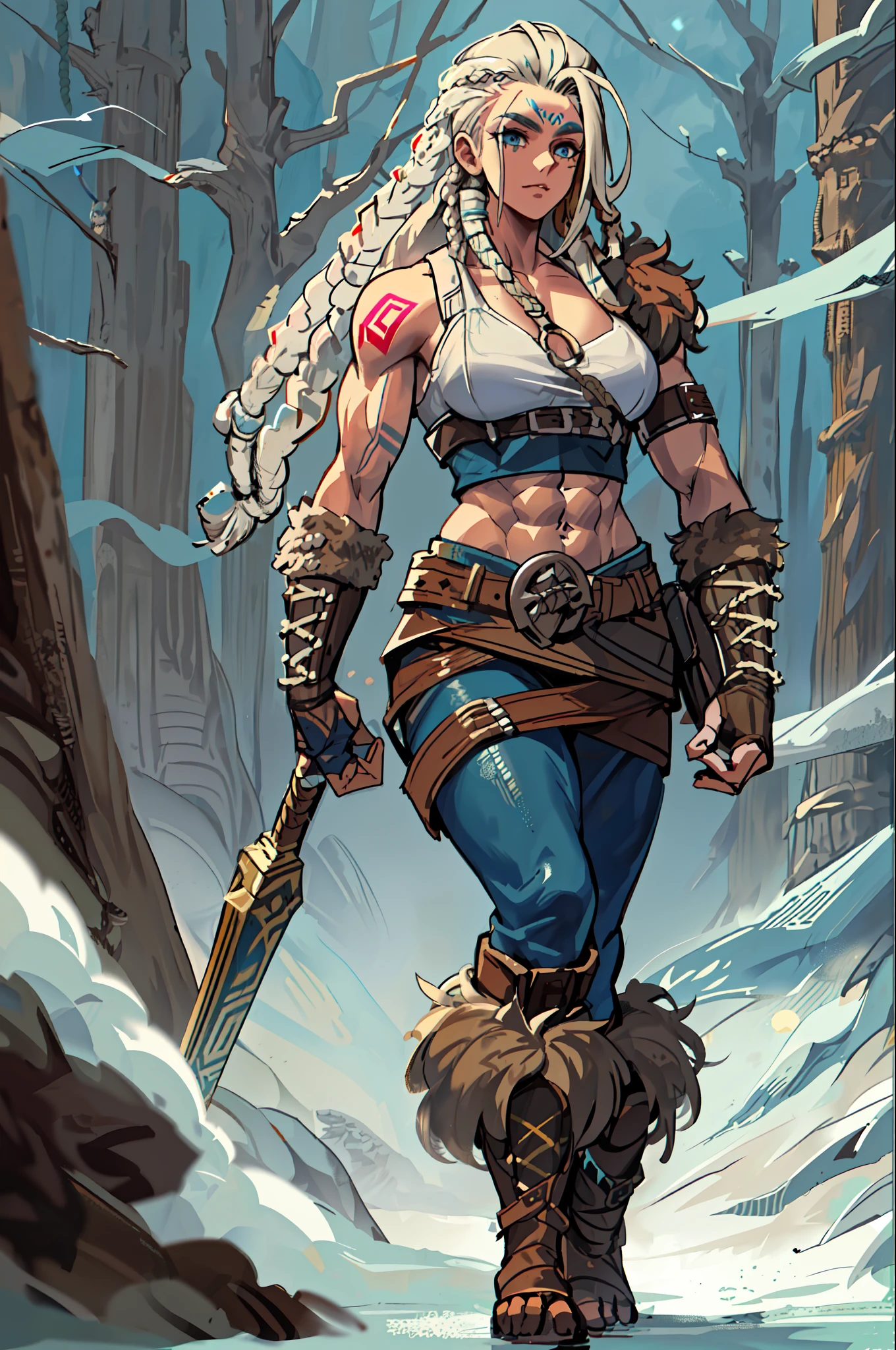 solo Female viking, (young:1.2), (muscular:1.2), fit, wearing brown furs and hides, (wearing furs:1.3) (blue norse tattoos:1.2), blue eyes, platinum blonde hair, (Dreadlocks:1.7), (Dreads:1.4), (Sideshave:1.6), warrior hair, Setting is a Scandinavian forest in winter, snow, bare arms, exposed naval, (abs:1.2). Highly detailed, norse, berserker, arm muscles, leg muscles, (bulky:1.2), leather straps, (large breasts:1.3), waist up, wide waist, stocky, (tall:1.4)