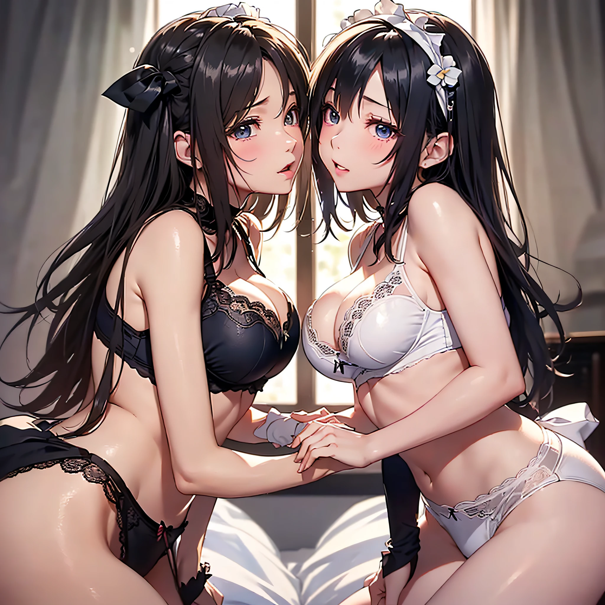 (masutepiece: 1.3), (max resolution: 1.2), (Ultra HDTV: 1.2), cinematric light, 8K resolution, Detailed eyes and skin, detailed facial features, , (Sharp Focus: 1.2）, (Focus on Face:1.2),Perfect Style、two womens, One is 、One is 25 years old、standing in bedroom、hugging each other and kiss、One is rubbing the chest of the other、Touching the opponent's chest、Exposed cleavage, Soft breasts, red blush,No bra,Hugs and deep kisses、Rubbing each other's breasts、Touching each other's buttocks、 full of sweat, Wet underwear、Hollow eyes,Disheveled clothes、White bra、White underwear、（detailed maid outfit:1.6）、Stockings、One has long blonde hair and blue eyes、One is a short bob with brown-black hair、Hide each other's breasts with hands、Functional expressions、Rubbing the opponent's chest、Touching the opponent's crotch、rubbing your partner's buttocks、Erotic look、Licking the chest、Deep kissing、Put your hands in your underwear、