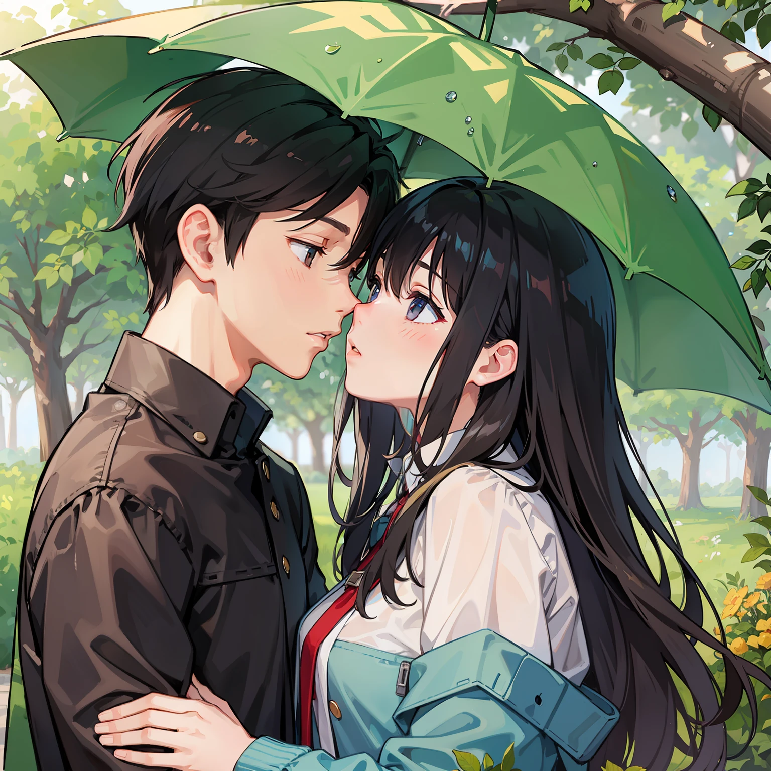 a boy and a girl kissing, under a tree and it rains