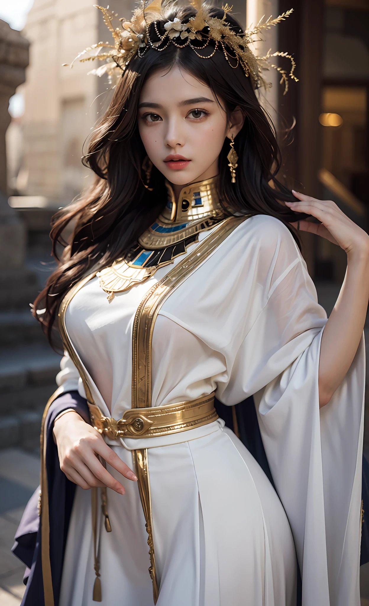 ((best qualtiy)), ((tmasterpiece)), (the detail:1.4), 3D,Complete body, Beautiful mature woman in ancient Egyptian style,(Exquisite and simple ancient Egyptian clothing,a white long skirt:1.9),(Wheat-colored skin:1.6),(Ancient Egyptian temples,Ancient Egyptian temples:1.6),Metallic sequins,estilo fantasia,closeup of face,Extremely normal hands,Extremely normal legs,hdr(HighDynamicRange),Ray traching,NVIDIA RTX,Hyper-Resolution,Unreal 5,Subsurface scattering、PBR Texture、post-proces、Anisotropy Filtering、depth of fields、maximum definition and sharpness、Many-Layer Textures、Albedo e mapas Speculares、Surface coloring、Accurate simulation of light-material interactions、perfectly proportions、rendering by octane、Two-colored light、largeaperture、Low ISO、White balance、the rule of thirds、8KRAW、