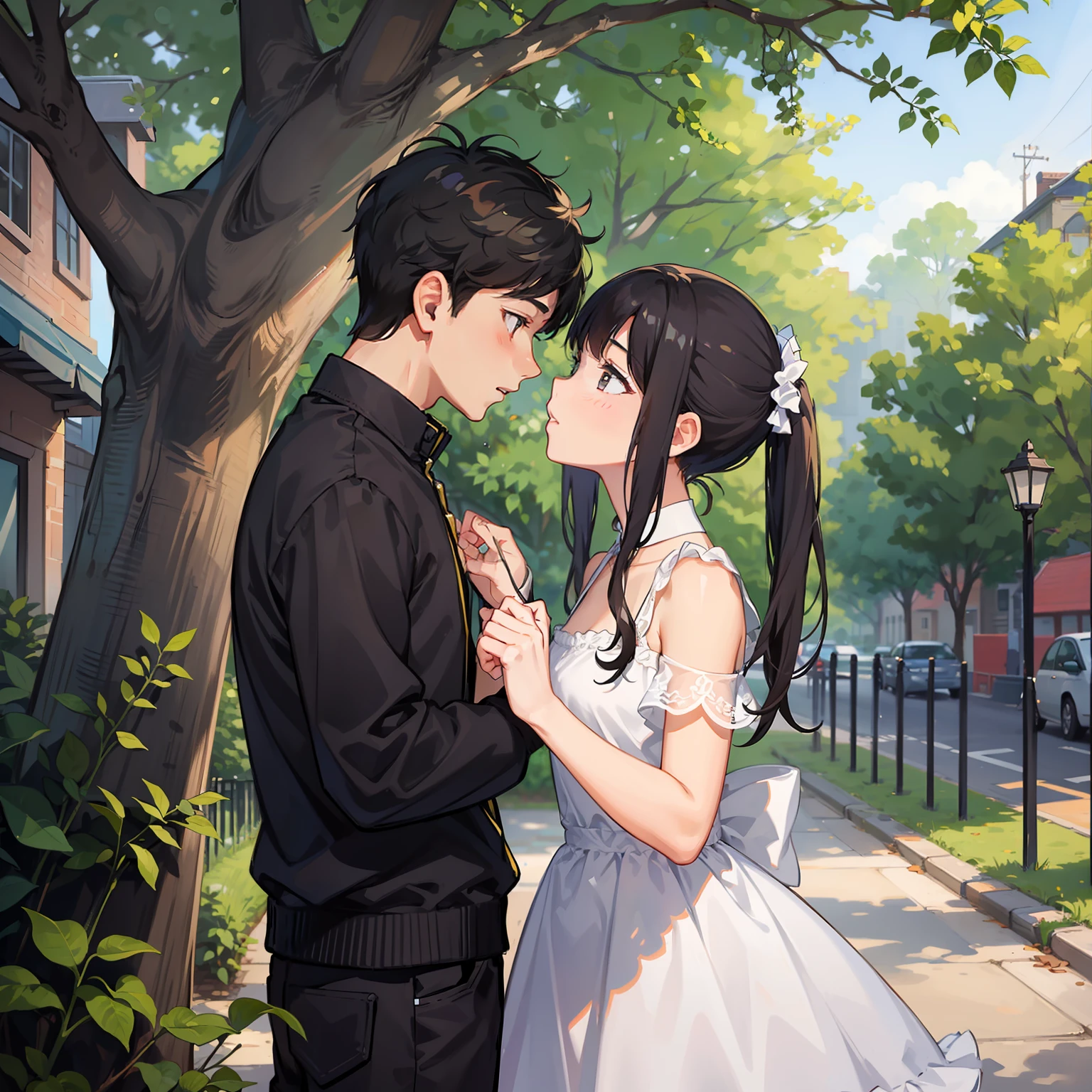 a boy and a girl kissing, under a tree and it rains