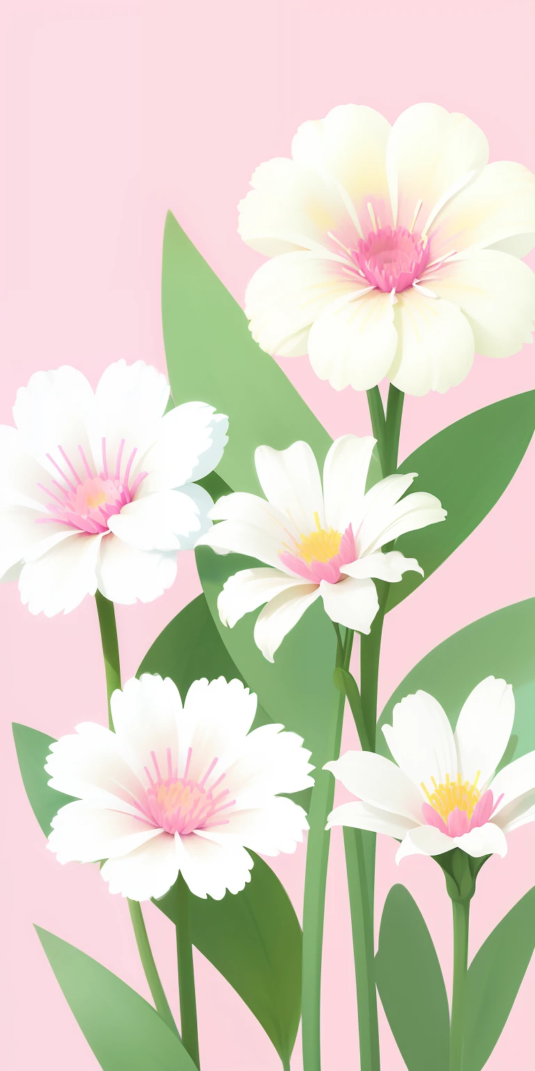 Three white flowers on a pink background,Brown in the center, flowers and stems, Floral Pop Art, Pink, white and green, flowers in the background, tall flowers, Pink flowers, patchy flowers, White flowers, Flower background, soft flowers, flowers blooming, inspired by Alex Katz, flower, Flowers around, stylized flowers, floral growth, beautiful flowers