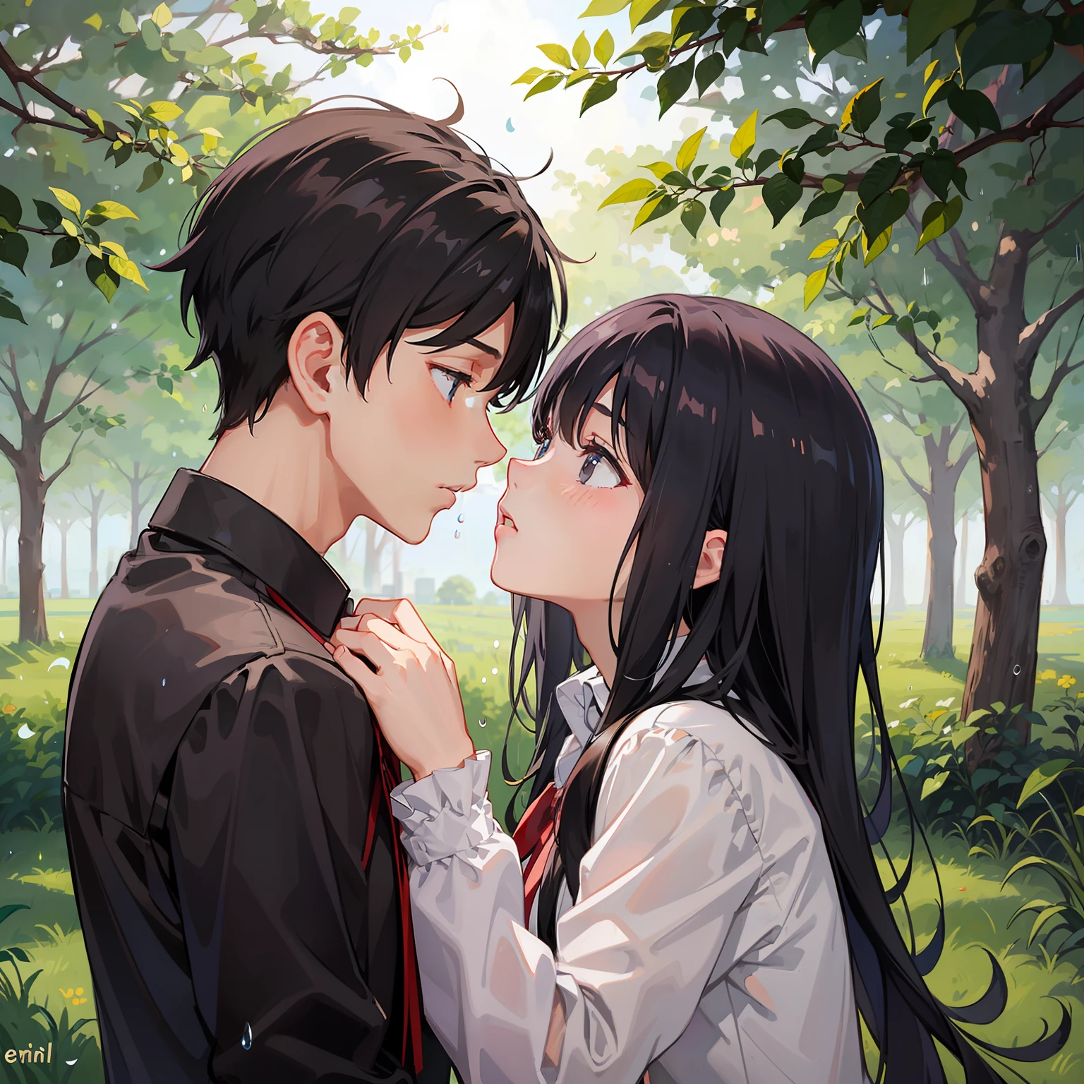 a boy and a girl kissing, under a tree and it rains