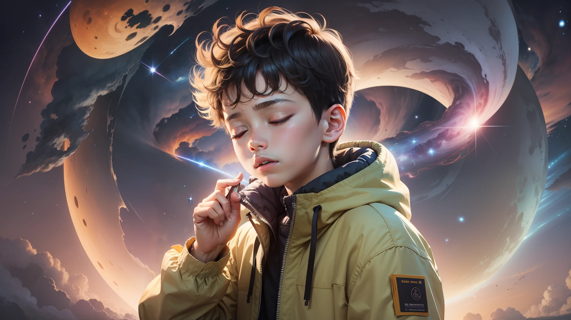 A boy imaging things, with closed eyes, and a cosmic event happening.