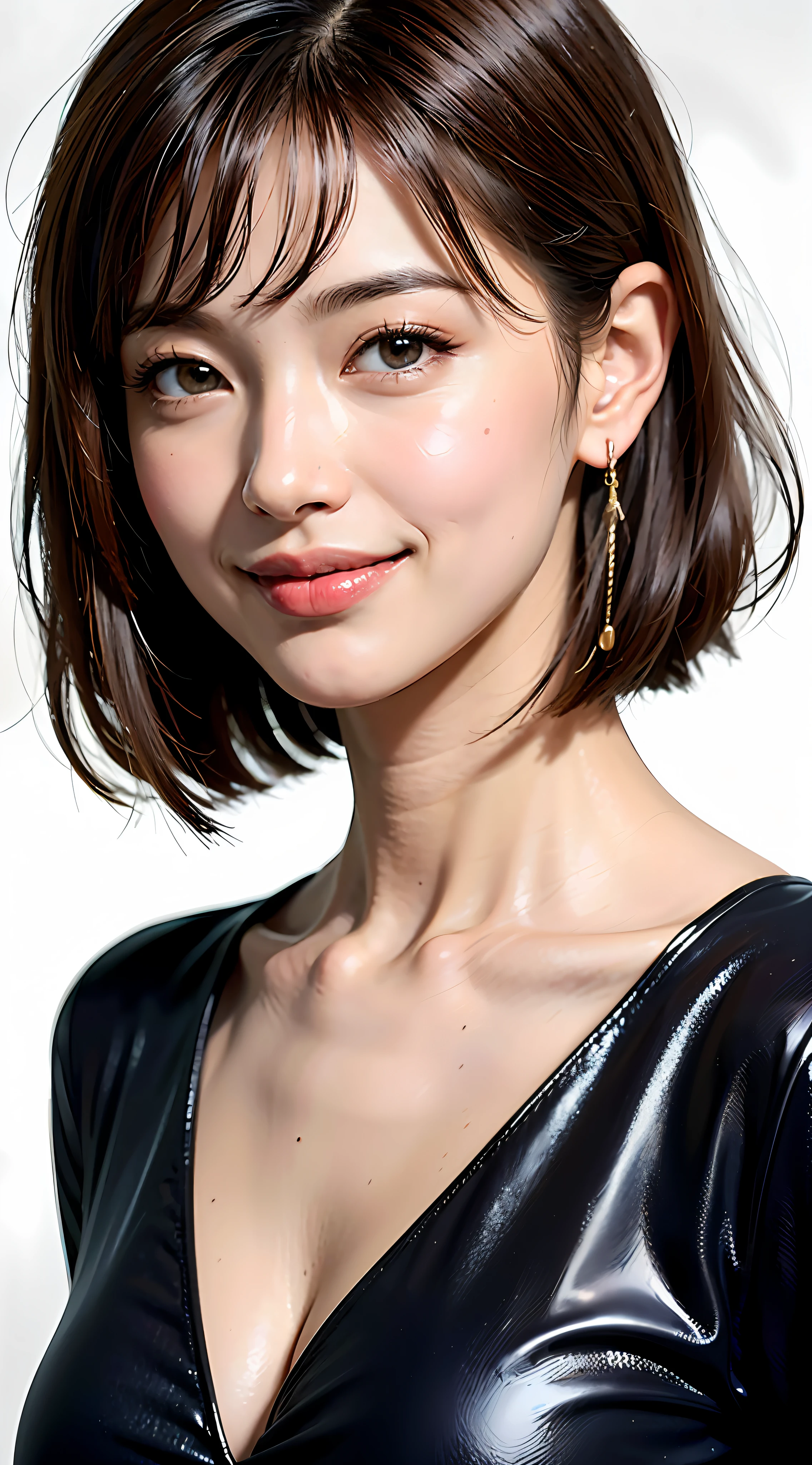 ((masterpiece、22year old、1 beautiful girl、Detailed eye、short hair with bangs,、shorth hair、neck long、Put your ears out))、big eye、Distinct double eyelids、((top-quality, 超A high resolution、stares at the camera、Light brown eyes、Clean collarbone、glowy skin、Straighten your back、The face of the golden ratio、a small face)), (Realisticity: 1.4), OriginalPhotographs, 1girl in,cinematlic lighting、japanes、Asian Beauty、Korea person、Super beauty、Realistic skin type、(((clean very large breasts、A slender、The body is facing the front of the camera、lipgloss、Highlights in the eyes、thin lips、smiling slightly、Closing mouth and smiling happily)))、(A hyper-realistic)、(hight resolution)、(8K picture quality)、(ighly detailed)、(Best Illustration)、(beautifully detailed eyes)、(ultra-detailliert)、A detailed face、looking at viewert、Facing straight ahead、neat and clean clothes、sleeve less、short-hair、black hair with bangs、46-point diagonal bangs、Shorthair、((Background is really nothing but pure white background、Immaculate white background with nothing really))、((neat atmosphere、Neat and clean woman))