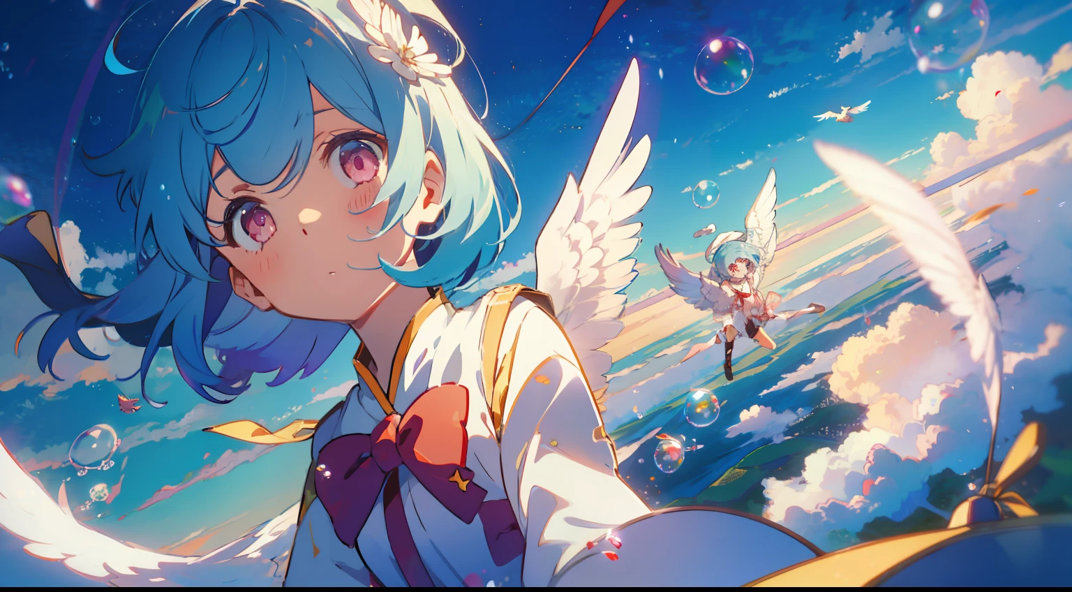 One girl、cute little、校服、pluma、（（（（（（flying though the air）））、mid air、soap bubbles、​masterpiece、top-quality、Top image quality、lightblue hair、Pink eyes、Asymmetrical hair、Angel wings、（（（splatters））、float、Skysky、Beautiful sky、full bodyesbian