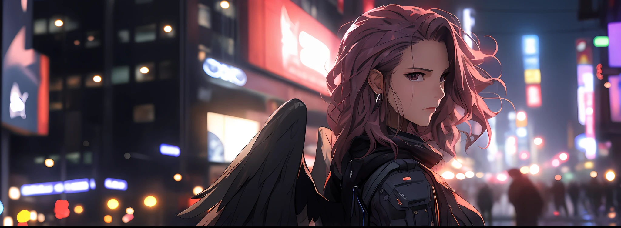Anime girl with angel wings and halo in city night, Burgundy hair,angelic halo,Cyberpunk Uniforms,looks into camera,delicated face,Hydrated red eyes,detailedbackground,at centre,insane detailed,Ultra-high sharpness,concept-art,number art,with dynamism,(The most beautiful art in the world:1.2),(V0id3nergy:1.3)