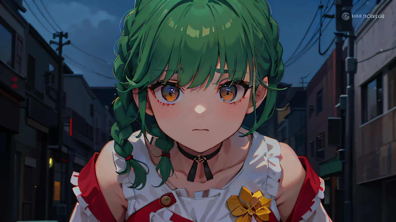 She is a young girl with medium length green hair with a braid on the right side. She usually has a whip.Clothes too, She wears a white cut and sew and a red vest, And a red choker around her neck. Her lower body has a denim skirt with a cream-colored apron. Her feet wear white ankle socks and brown loafers.