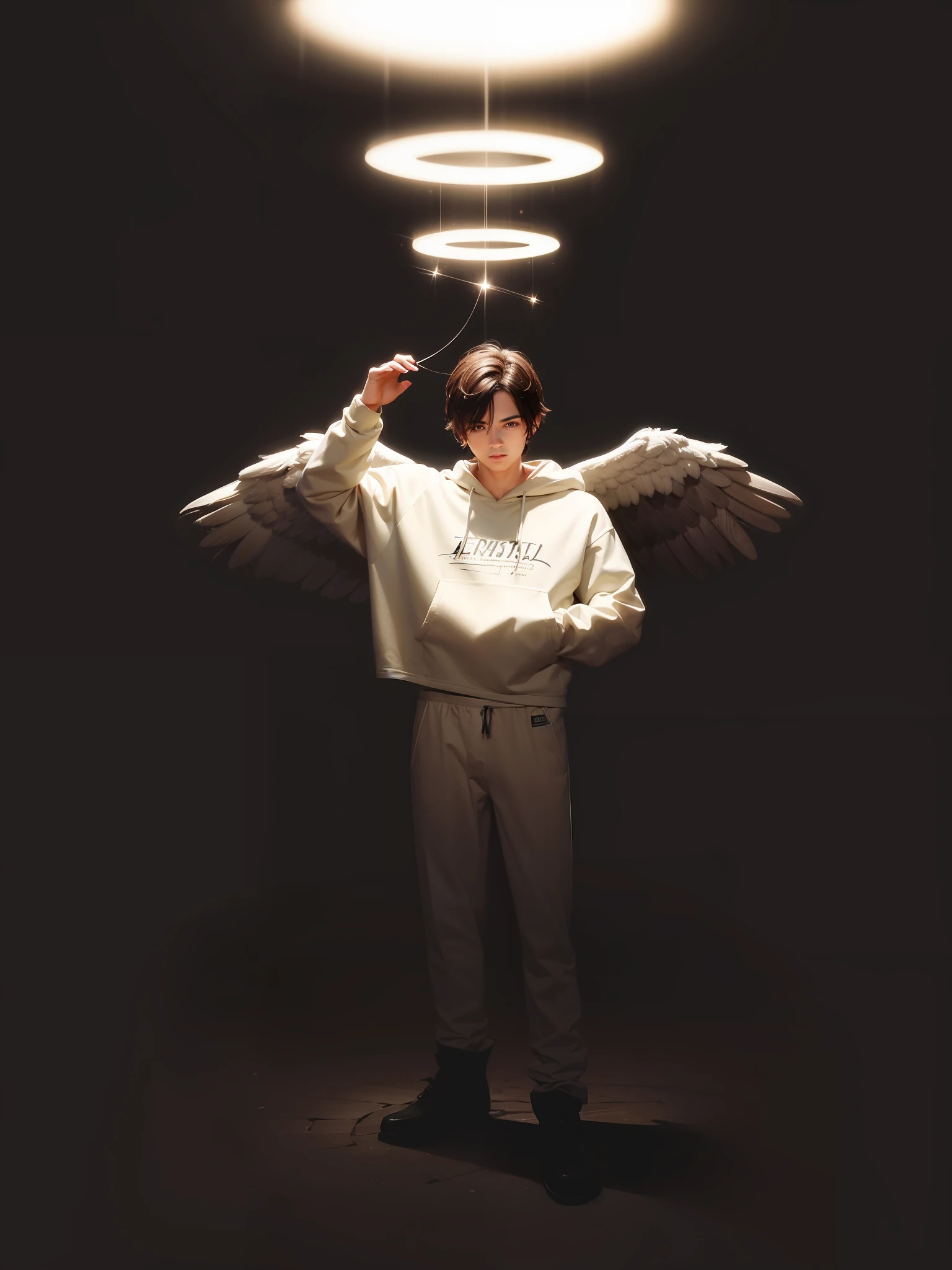 Best quality, Masterpiece, Upper body, shadowing, Handsome young man, Angelic wings, Halo, (Male, Man), Messy hair,Perfect facial features, Short hair, stand posture, Cinematic lighting, Photorealistic, Serious,Dynamic pose, sharp-focus, 80s fantasy art, (Photorealistic:1.4), (Masterpiece, fine detailed beautiful eyes: 1.2), Masterpiece*Portrait, Realistic, 3D face, Black hair, Sweatshirt,Hyper-realistic --auto
