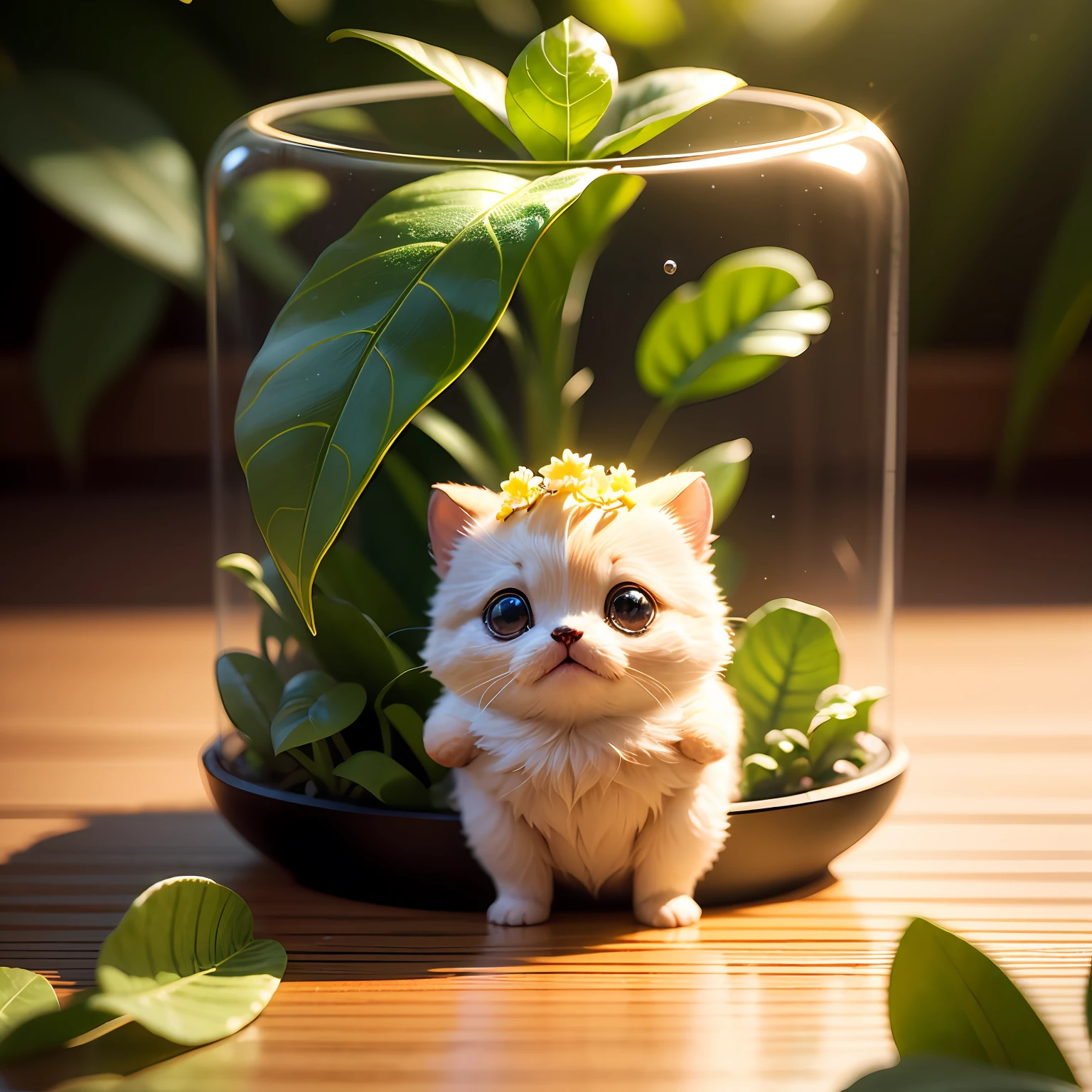 A cute miniature toy，Bubble Mart blind box design，fully body photo，Frontal view，Rainforest background，Bright scene，8K分辨率，unreal engine rendered，Super rich detail，Photo-level realism，Aperture 2.8 depth of field，macro photography，Professional studio lighting。 --auto