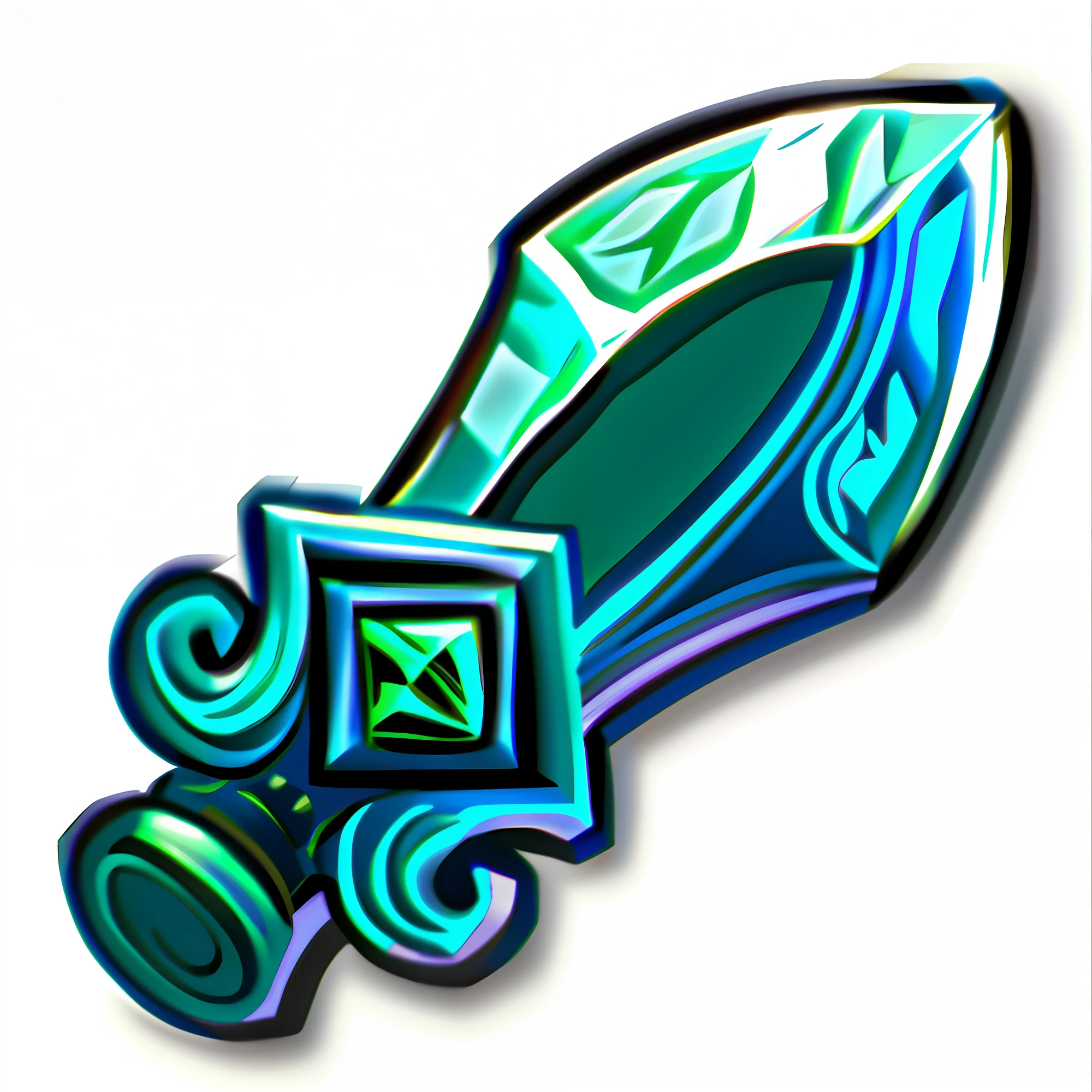 A blue-green sword,There is a green arrow on it, league of legends inventory item, shinning sword, epic legends game icon, legendary item, dazzling gem in the hilt, Glowing sword, magical sword, Magic Sword, role-playing game items, rpg item, fantasy sword, jagged sword, item art, fantasy weapon, fantasy game spell icon, Shining sword