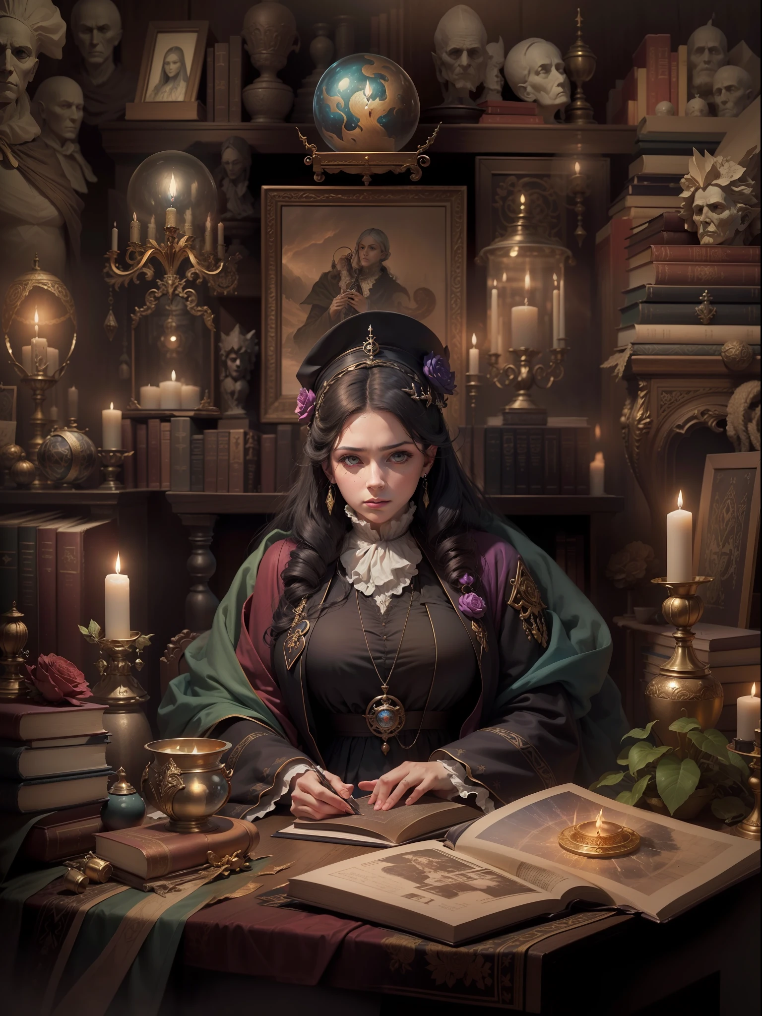 crie um ((artistic)) imagem de uma ((genial)) nineteenth-century mystic and occultist surrounded by esoteric books and symbols. Madame Blavatsky. anatomia perfeita. 35 anos. A imagem deve estar em um ((fantasia)) configuration with ((High Artistic Colors)). The camera must be configured as a ((medium shot)) com uma lente que capture o personagem e os arredores. The lighting should be ((Luz Natural)), com ((Velas)) iluminando o personagem e os arredores. ambiente misterioso. A imagem deve ter ((Amazing details)) e um ((surreal)) Estilo. The resolution should be ((4k)) com ((HDR)) The lighting.
Preparando