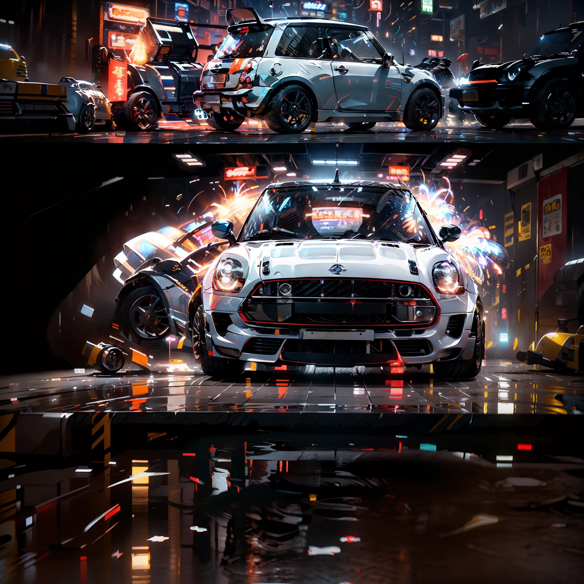 White mini Cooper S,film effect,电影灯光,unreal engine rendered,rendering by octane,Car wallpapers,4k画质,8K quality,Racing movies,Movie cover,realistic detail,rich details,