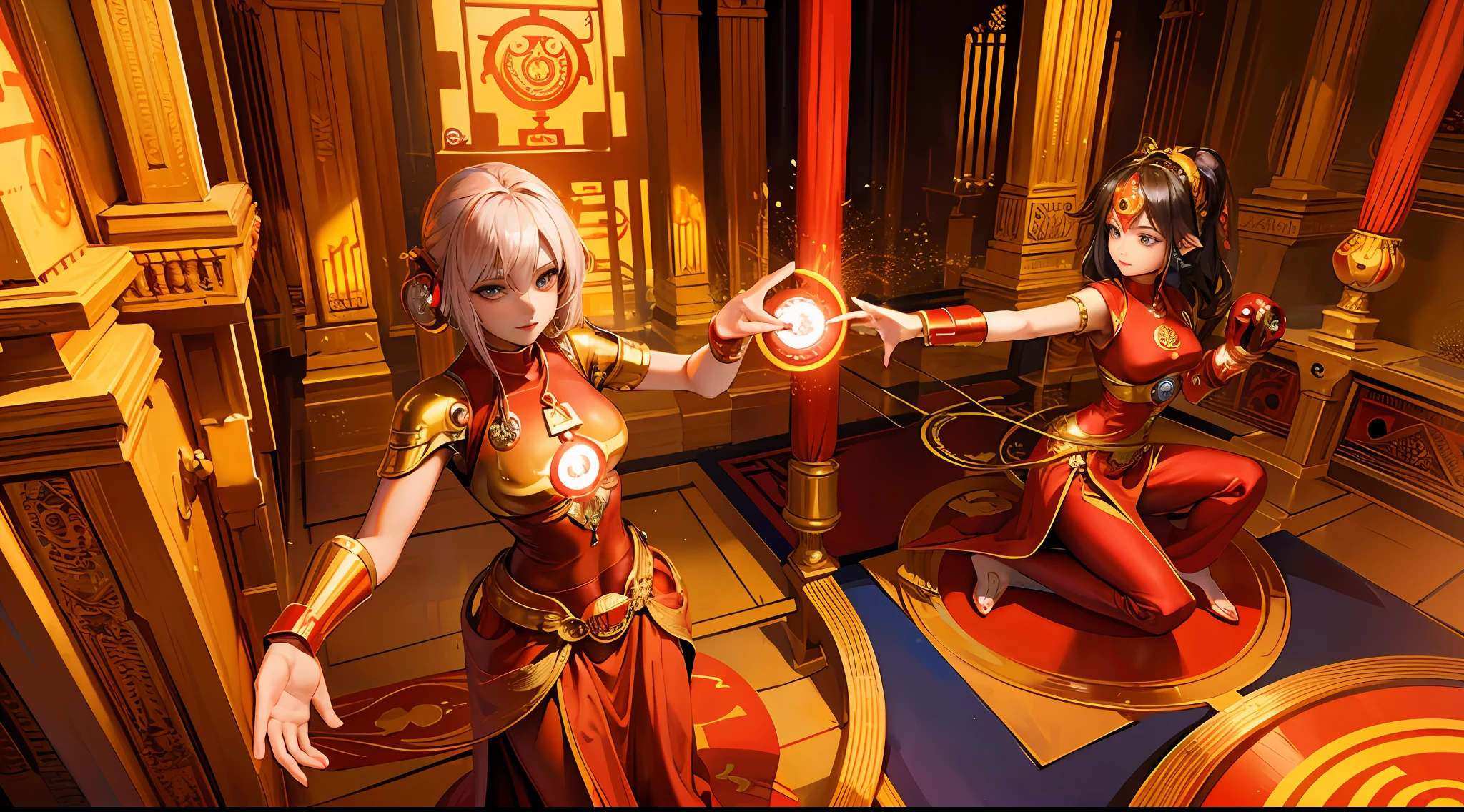 Buddhist monk DJ with an iron man mask mixing music on a turntable in a Hindu temple with a tantric woman priestess who is dancing a mystic dance in a photorealistic ritual --auto