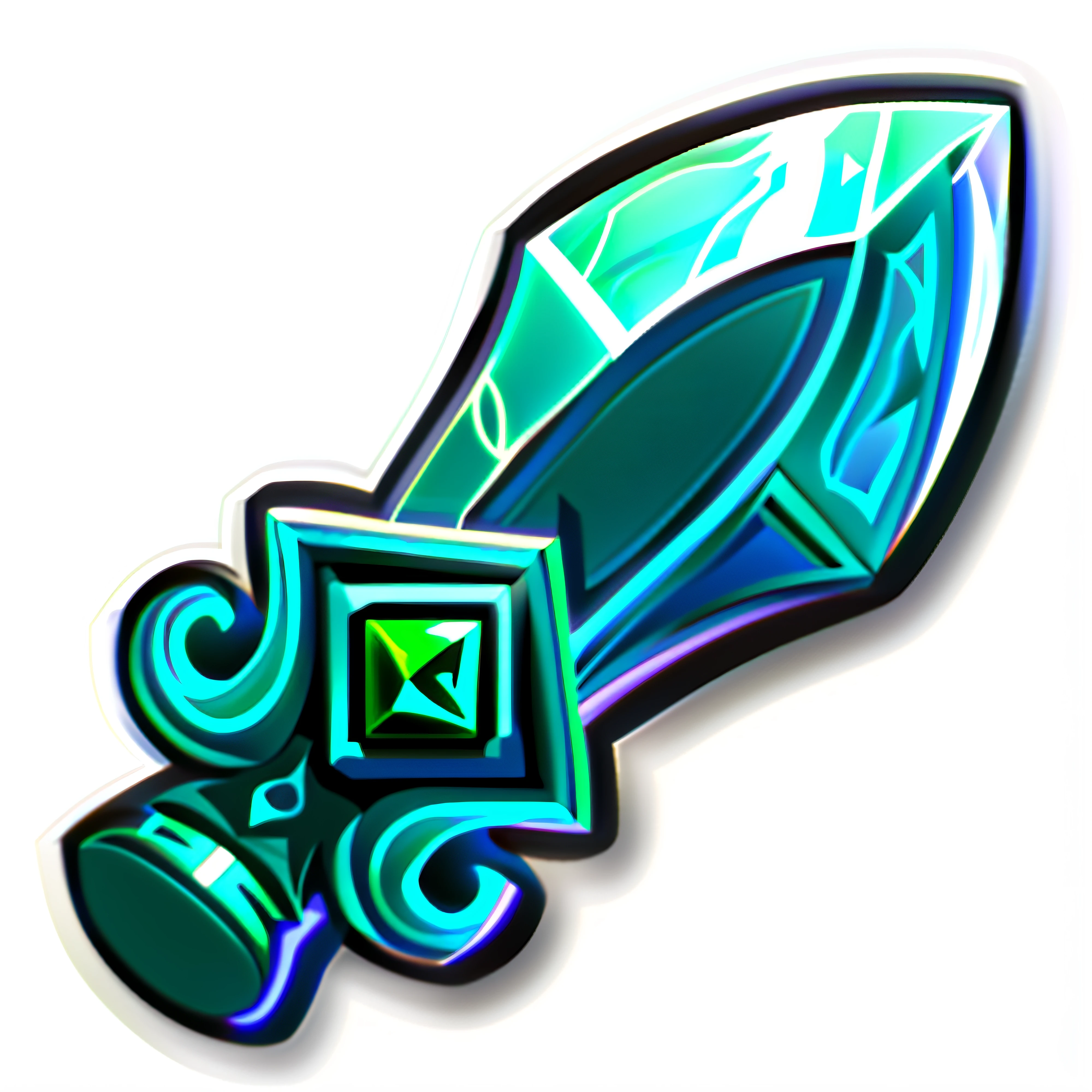 A blue-green sword,There is a green arrow on it, league of legends inventory item, shinning sword, epic legends game icon, legendary item, dazzling gem in the hilt, Glowing sword, magical sword, Magic Sword, rpg item, role-playing game items, fantasy sword, jagged sword, item art, fantasy weapon, fantasy game spell icon, Shining sword