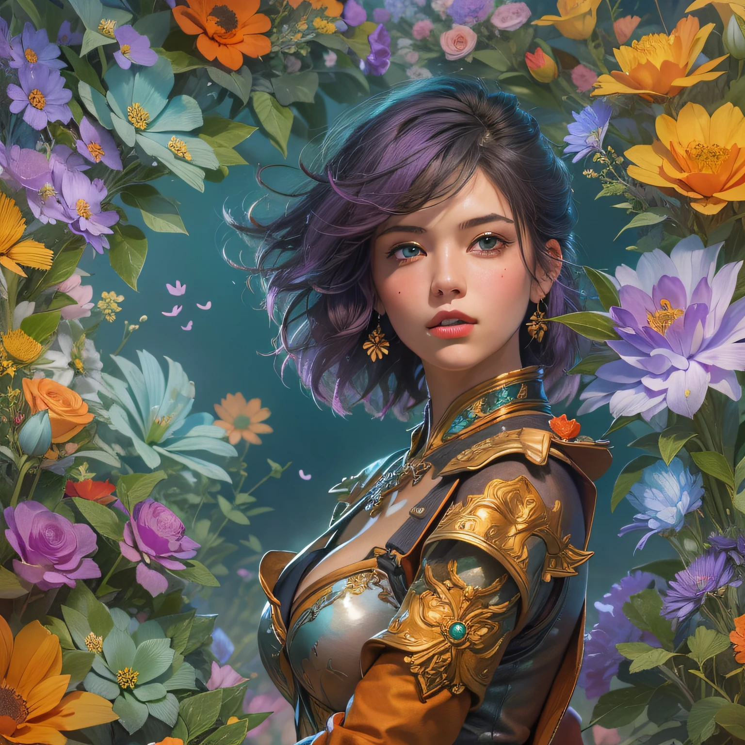 (((masterpiece))), (((best quality))), ((ultra-detailed)), (illustration), 1girl, beautiful detailed aqua green eyes,caramel hair styled as short hair, fluorescent purple hair tie orange and metal intricate fantasy ranger attire, high quality cloth, expensive cloth, high resolution cloth texture, detailed folds and wrinkles, cleavage, dynamic pose, cowboy shot, glow. wallpaper, orange flowers all around, watch of flowers, equirectangular 360, Highres, official art, unity 8k wallpaper, ultra detailed, aesthetic, masterpiece, best quality, photorealistic