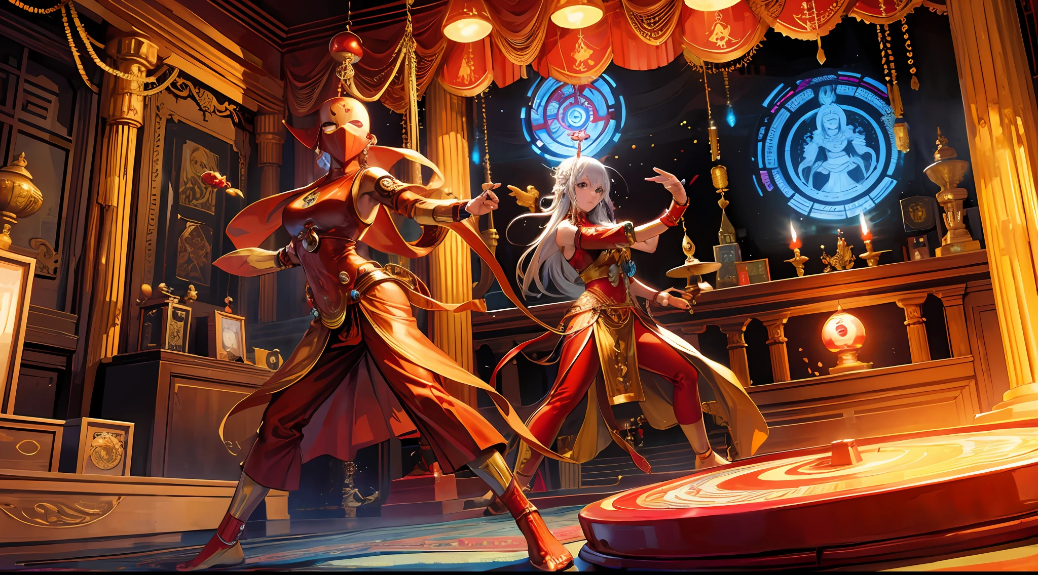 Buddhist monk DJ with an iron man mask mixing music on a turntable in a Hindu temple with a tantric woman priestess who is dancing a mystic dance in a photorealistic ritual --auto