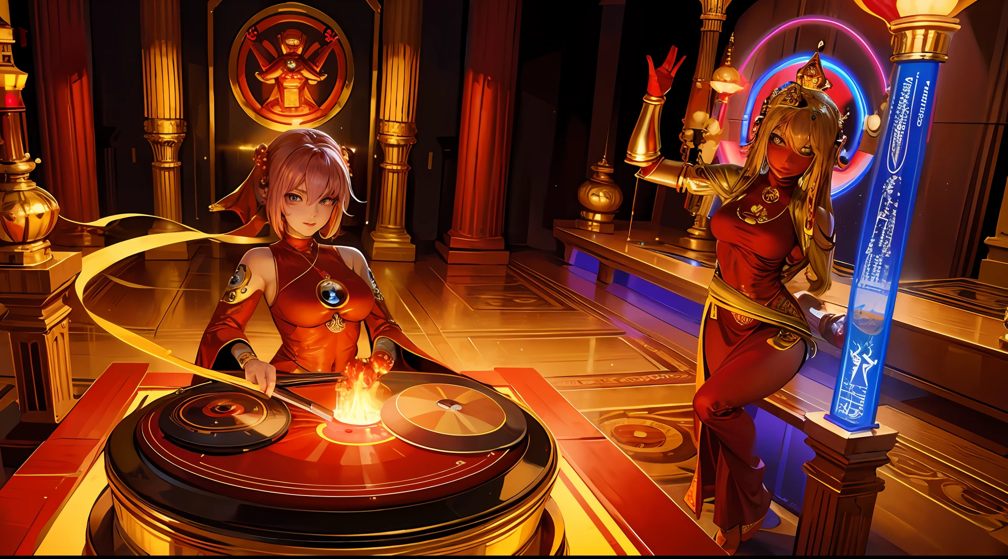 Buddhist monk DJ with an iron man mask mixing music on a turntable in a Hindu temple with a tantric woman priestess who is dancing a mystic dance in a photorealistic ritual --auto