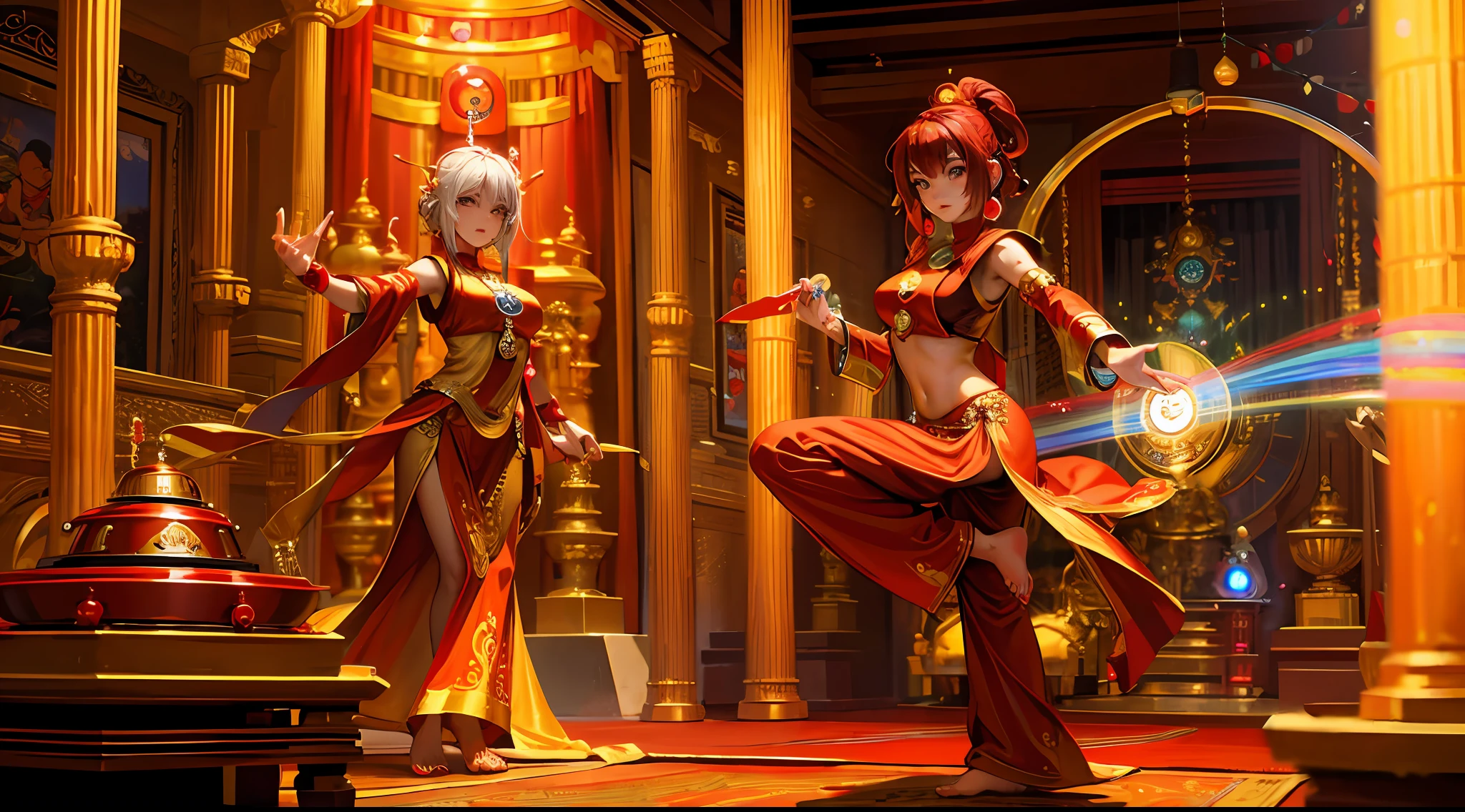 Buddhist monk DJ with an iron man mask mixing music on a turntable in a Hindu temple with a tantric woman priestess who is dancing a mystic dance in a photorealistic ritual --auto