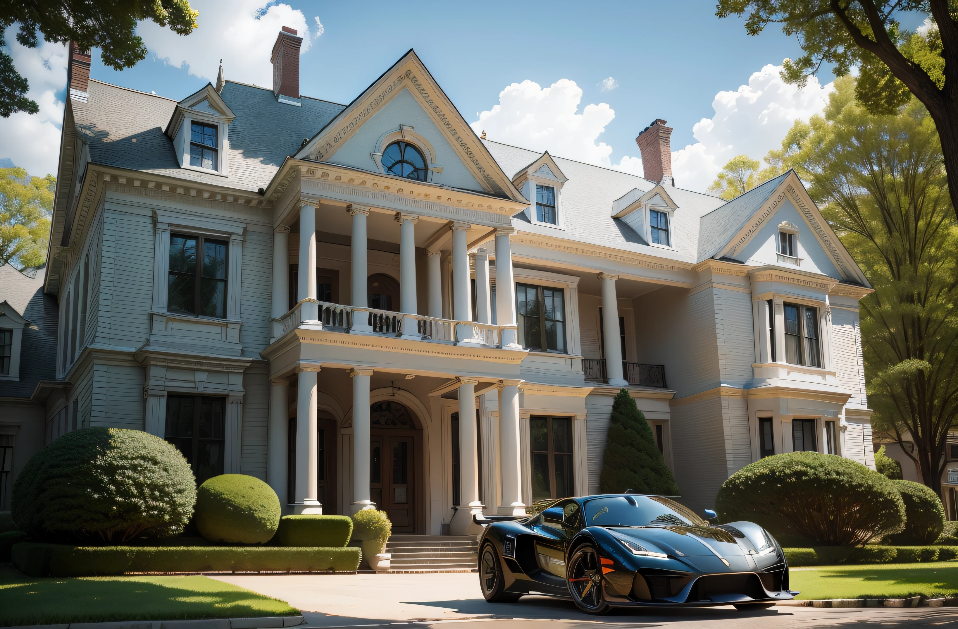American mansion façade with super car in front, Front view, Paisagem, trees behind, highes definition, Foto premiada, HDR