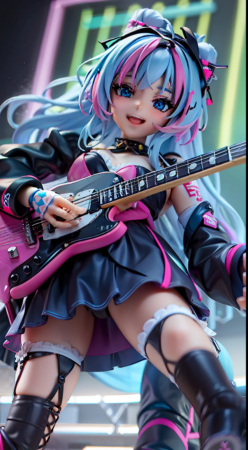 toy doll anime girl playing the guitar on a neon stage, alluring, mischievous smile, muse, stunning, hyper-realistic volumetric details, unreal engine --ar 9:16 --style expressive --s 1000 --q 2 --niji 5