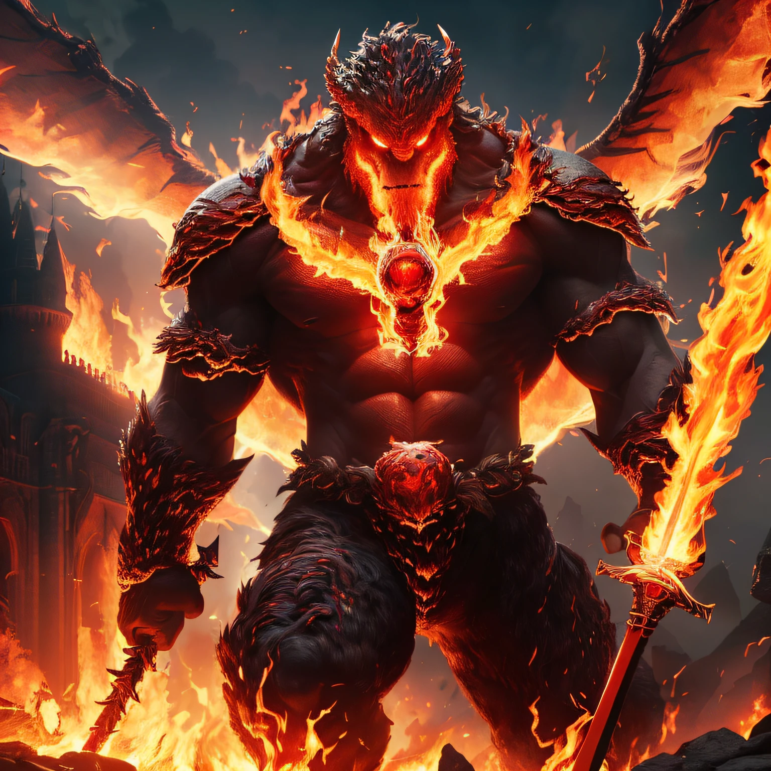 (8k, RAW photo, best quality, masterpiece:1.2), (realistic, photo-realistic:1.37), octane render, ultra high res, ultra-detailed ,professional lighting, photon mapping, radiosity, physically-based rendering, ue5, ((earth giant monster)), ((red glowing ember on giant's body)), ((red eyes)), ((holding flaming sword)), ((burning castle)), ((flaming wings)) --auto