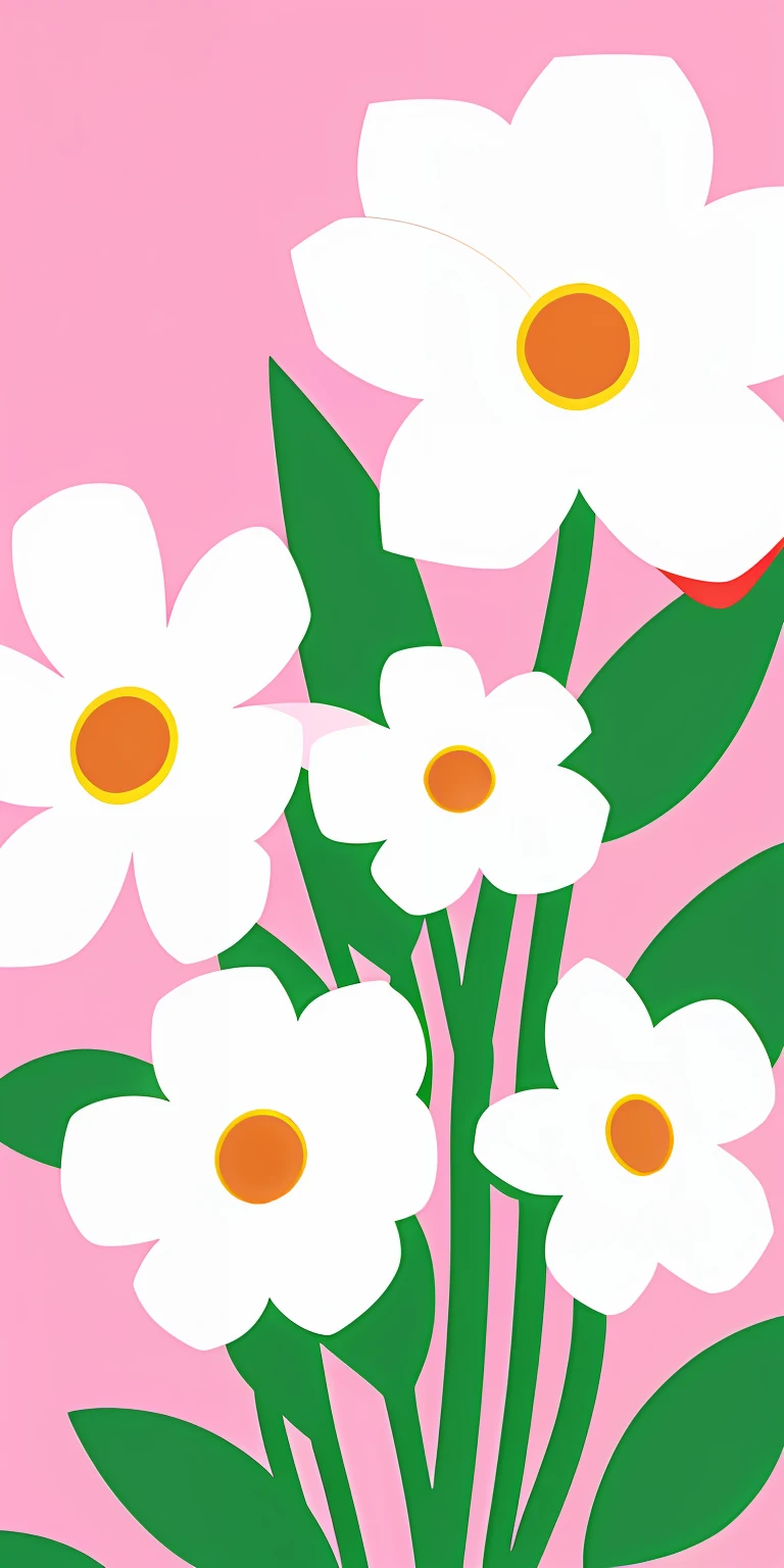 Three white flowers on a pink background,Brown in the center, flowers and stems, Floral Pop Art, Pink, white and green, flowers in the background, tall flowers, Pink flowers, patchy flowers, White flowers, Flower background, flowers blooming, soft flowers, inspired by Alex Katz, flower, Flowers around, stylized flowers, beautiful flowers, floral growth, flower power motifs