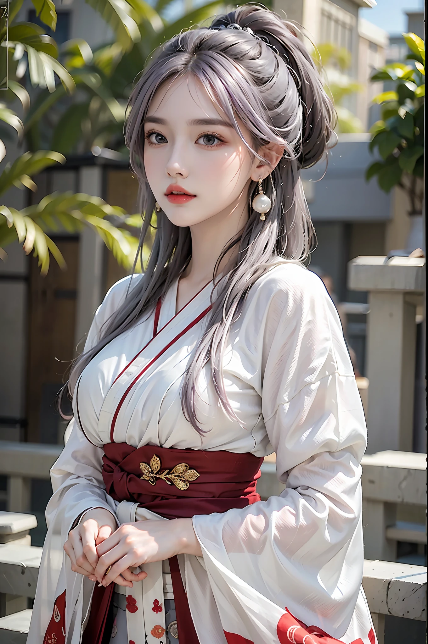 photorealistic, high resolution, 1 girl, hips up, beautiful eyes, light purple hair, intricate brocade hanfu, gorgeous accessories, wearing pearl earrings, red clothes