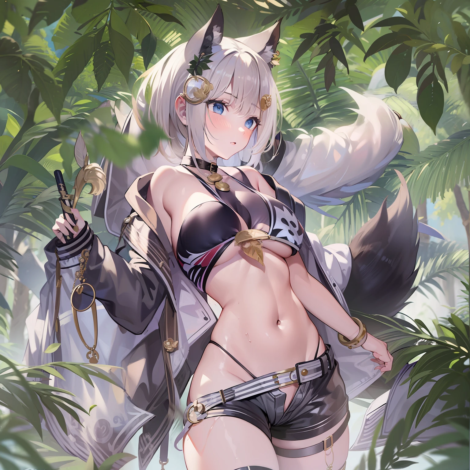 ((Masterpiece)), (Best Quality), Solo, miosha1, hair ornament, ponytail, wolf tail, swimsuit, white shorts, thigh strap, black jacket, leaf print, collar, string bikini, (NSFW:1.2)