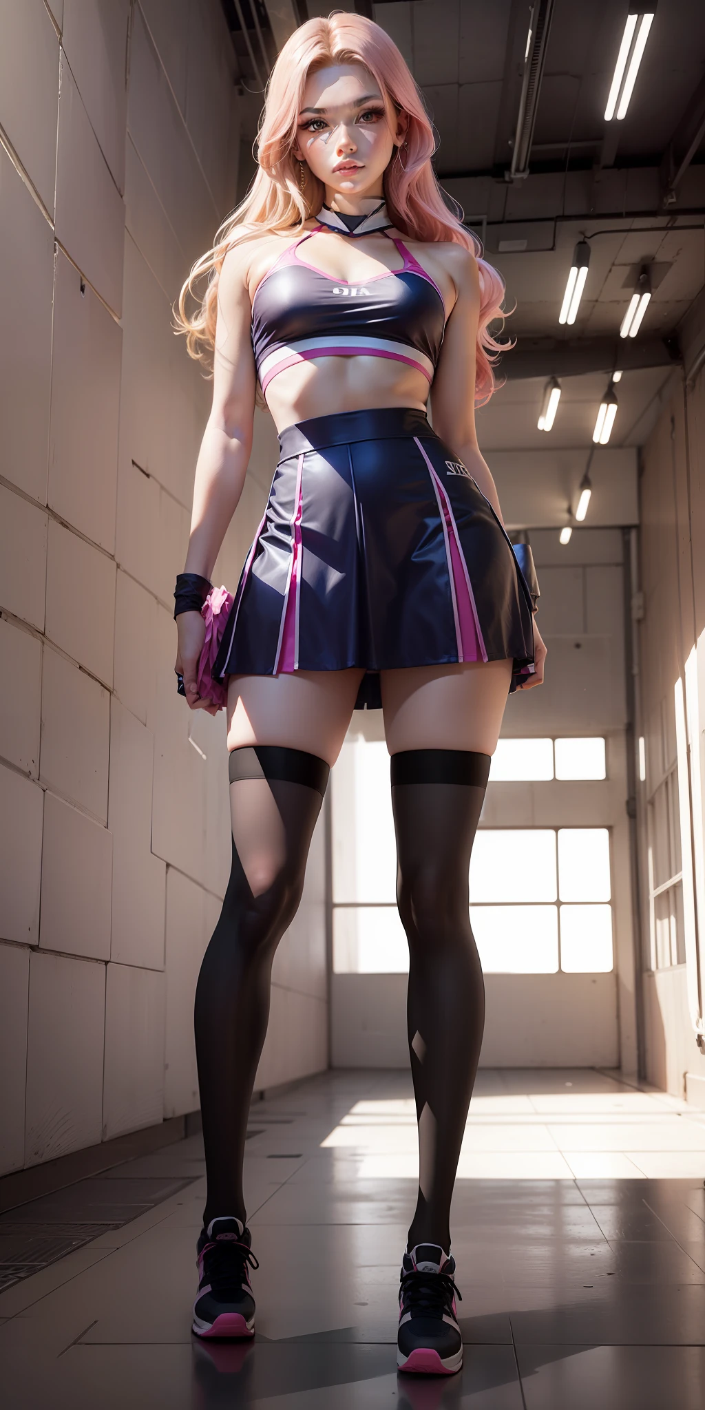 Cheerleading costumes,The clothing is pinkish overall,There is a pink bandeau,There are pink skirts,The kinky is exposed,Exposed flesh